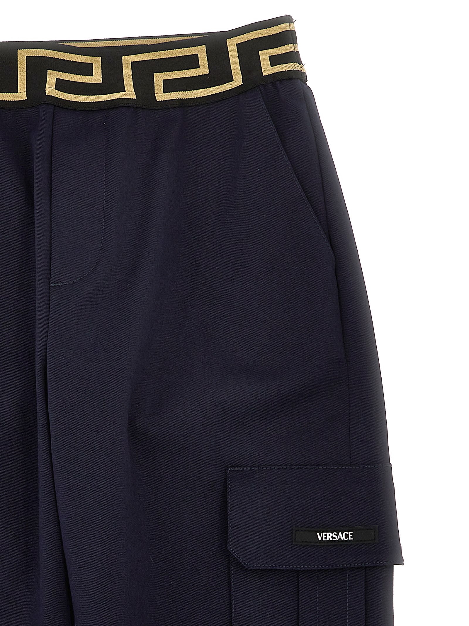 Shop Young Versace Greca Pants In Blu Oro