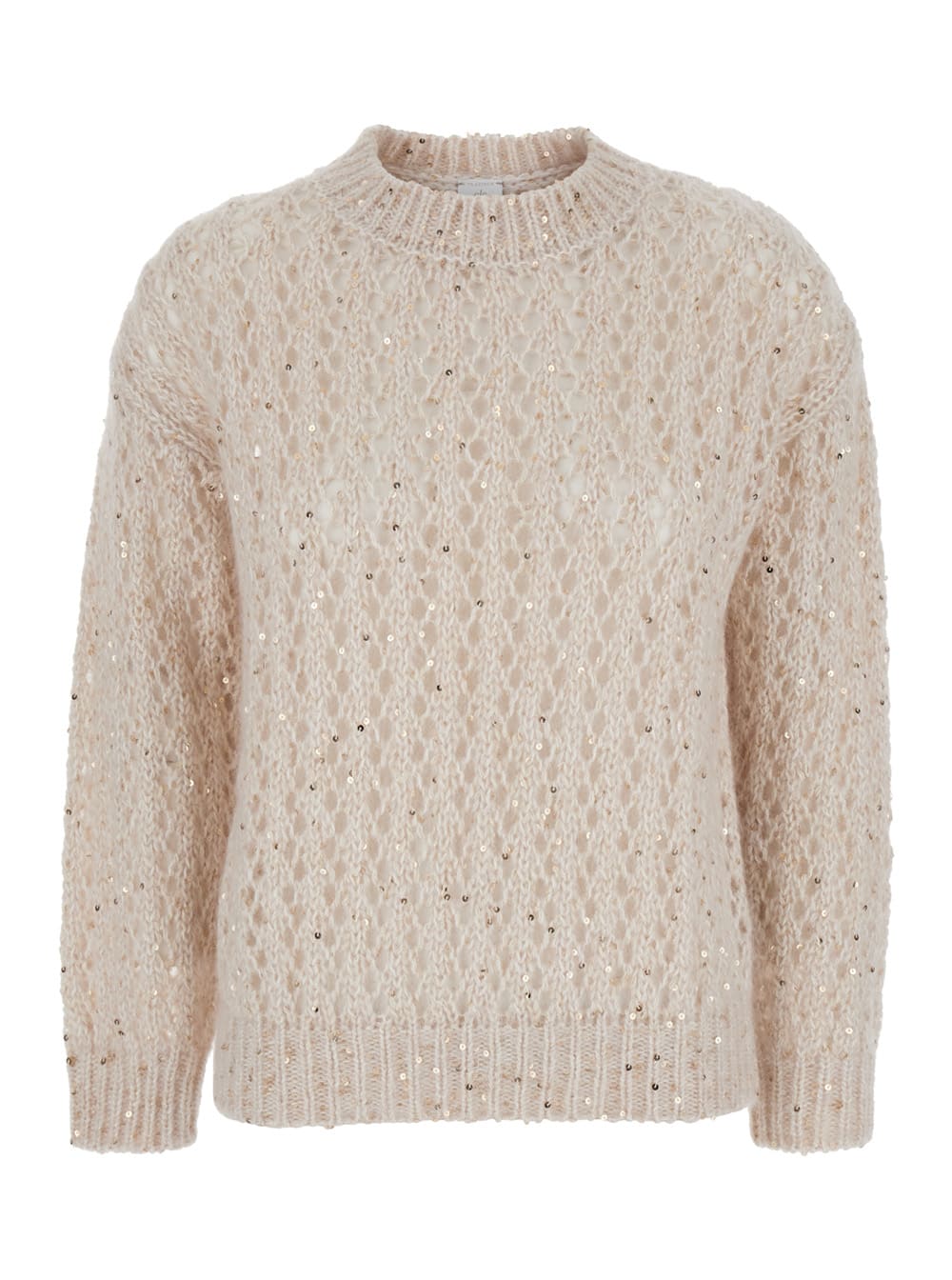 Shop Eleventy White Sequins Crewneck Sweater In Cotton Blend Woman