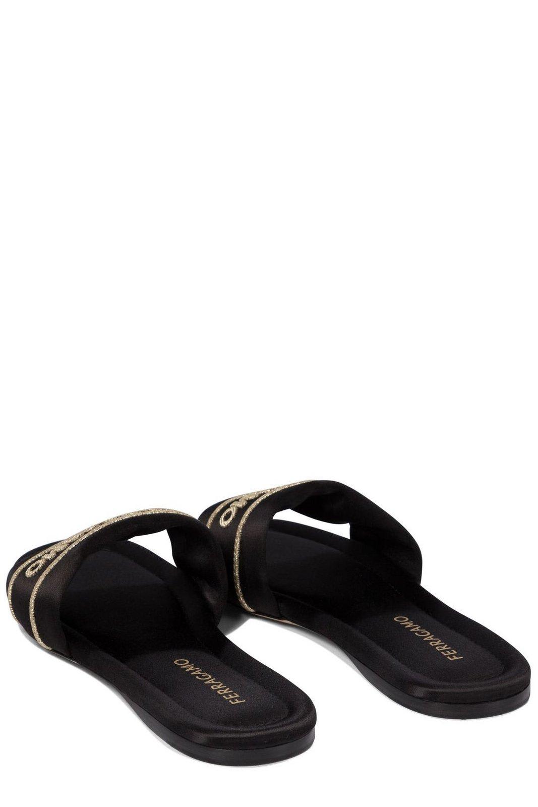 Ferragamo Open Toe Flat Sole Sandals In Black