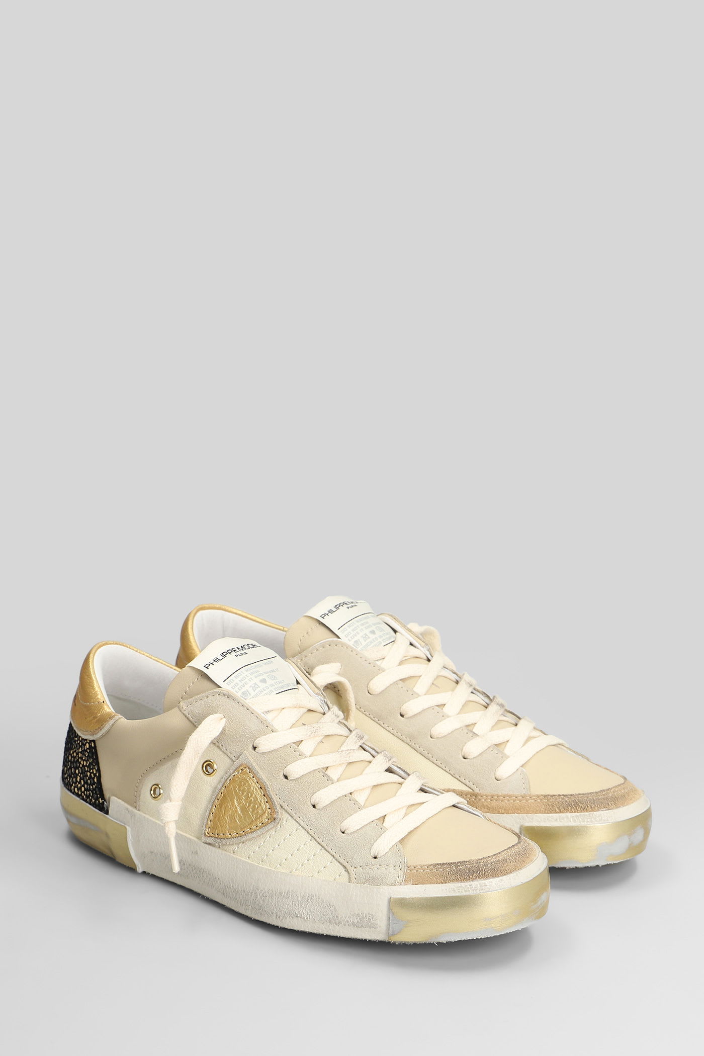Philippe Model Prsx Low Sneakers In Beige Leather And Fabric In Neutral
