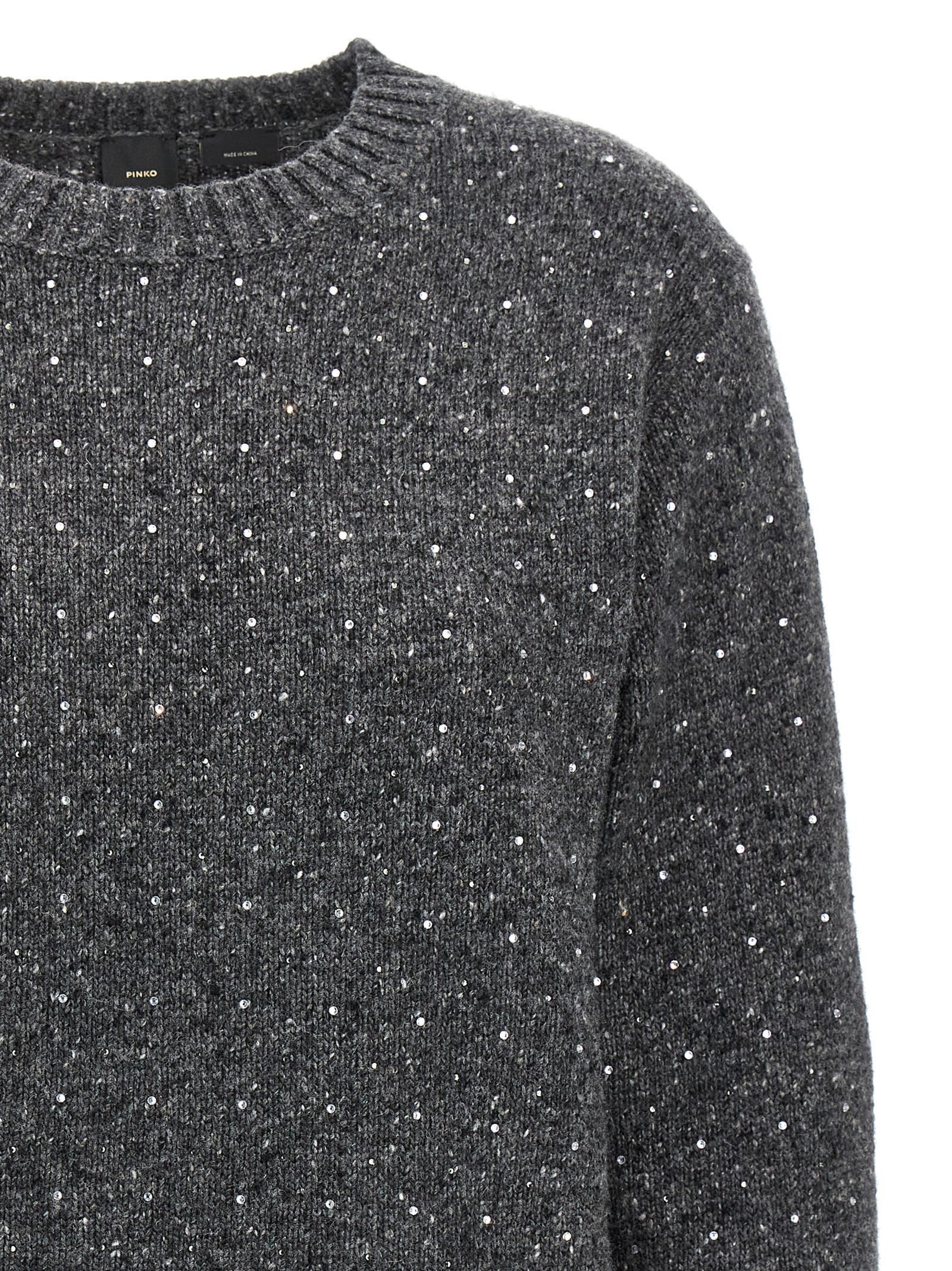 Shop Pinko Wool Blend Sweater With Rhinestones In Grey