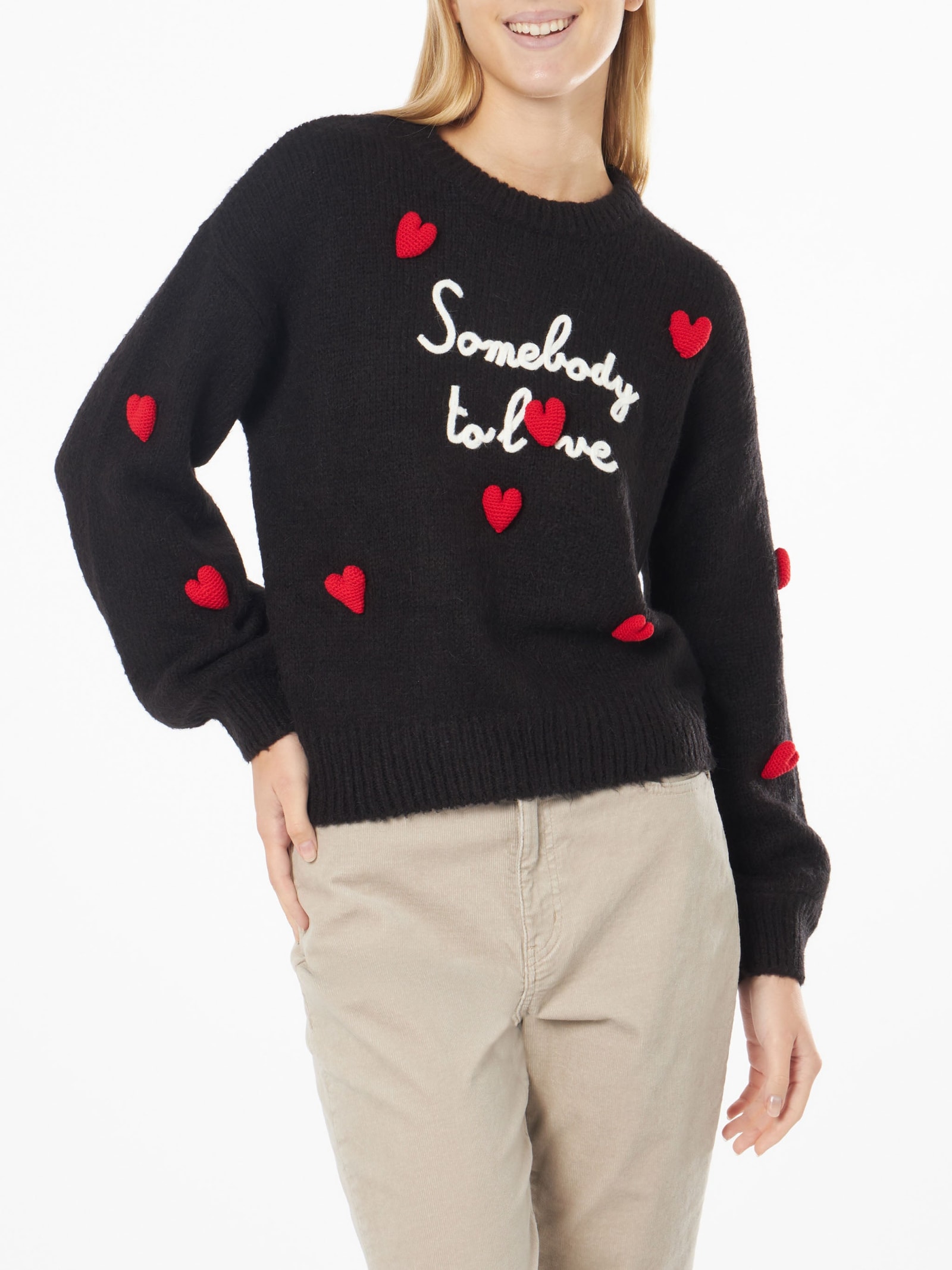 Shop Mc2 Saint Barth Woman Boxy Shape Soft Sweater With Somebody To Love Embroidery And Crochet Hearts Patch In Black