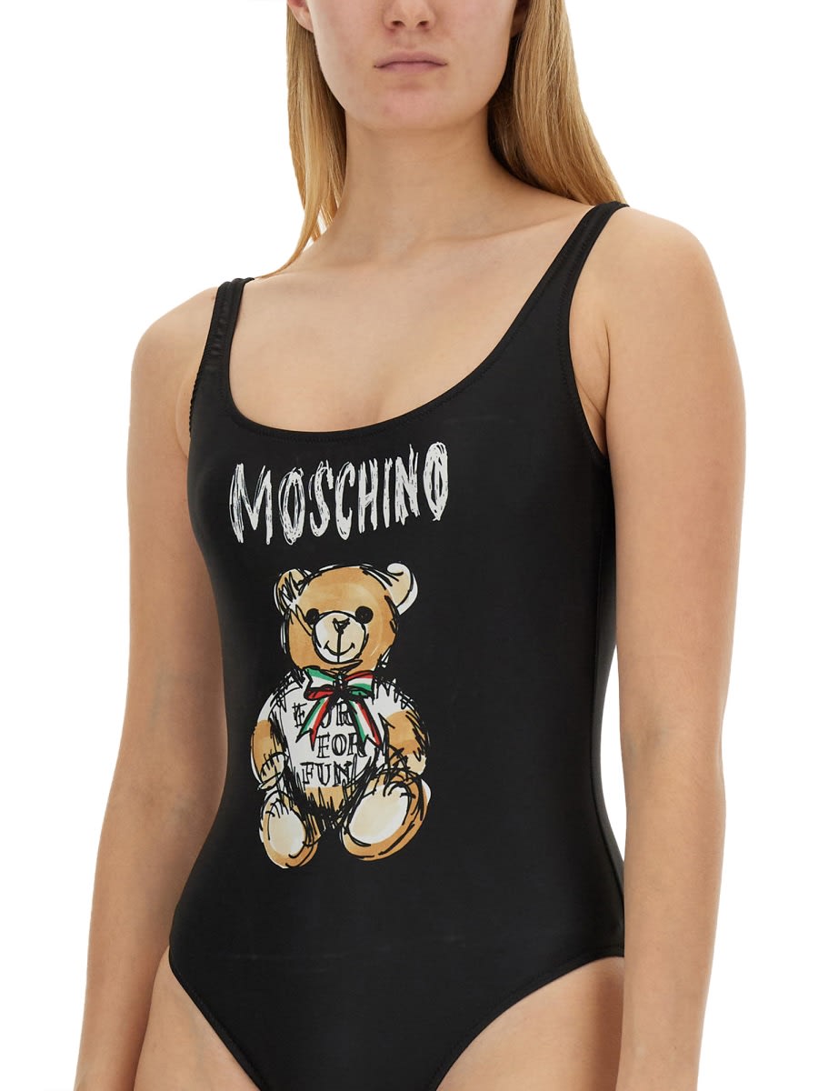 Shop Moschino Drawn Teddy Bear One-piece Swimsuit In Black