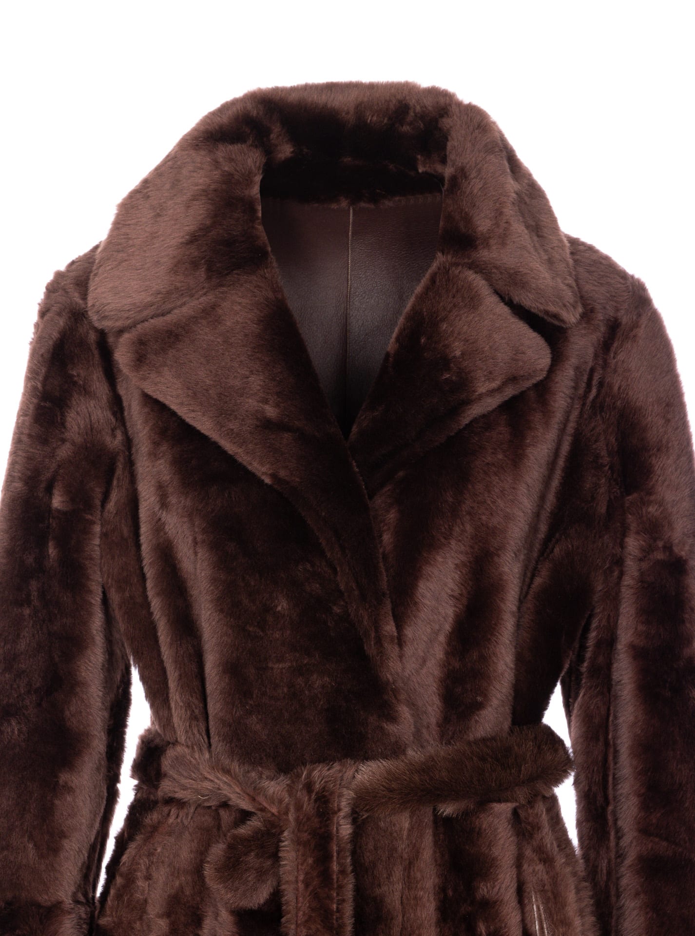 Yves Salomon Belted Faux Fur Long Coat With Pockets In Brown