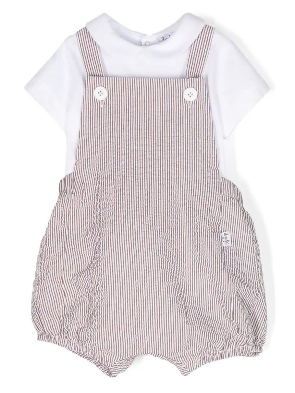 Shop Il Gufo White And Brown Two Piece Set With Seersucker Dungarees
