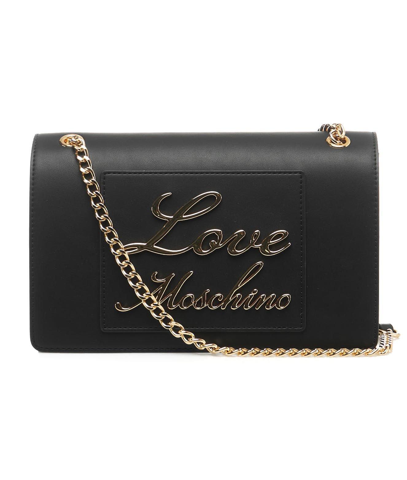 Shop Love Moschino Logo Lettering Chain Linked Shoulder Bag In Nero