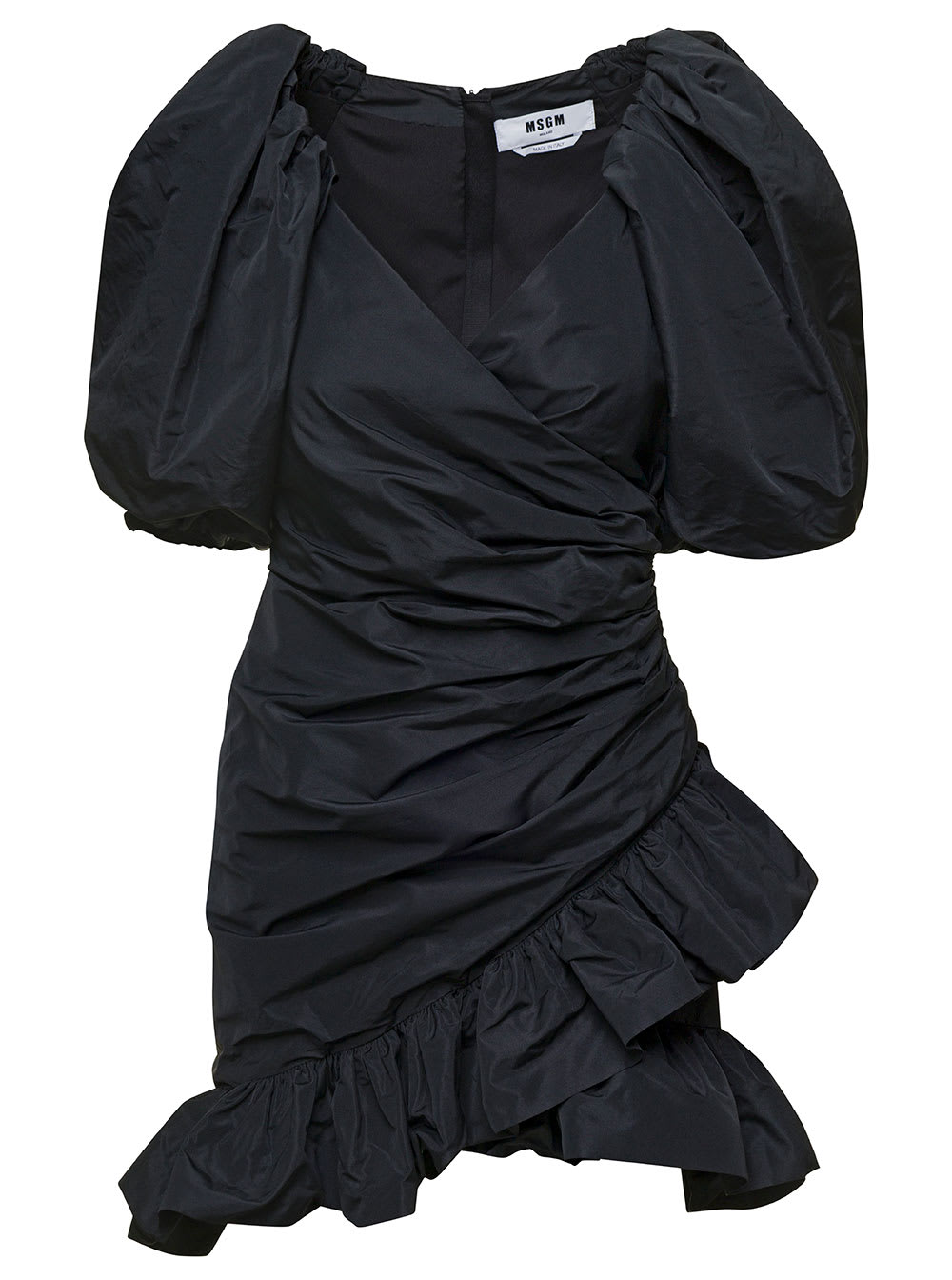 MSGM Mini Black Dress With Puff Sleeves And All-over Gatherings In Taffeta Woman