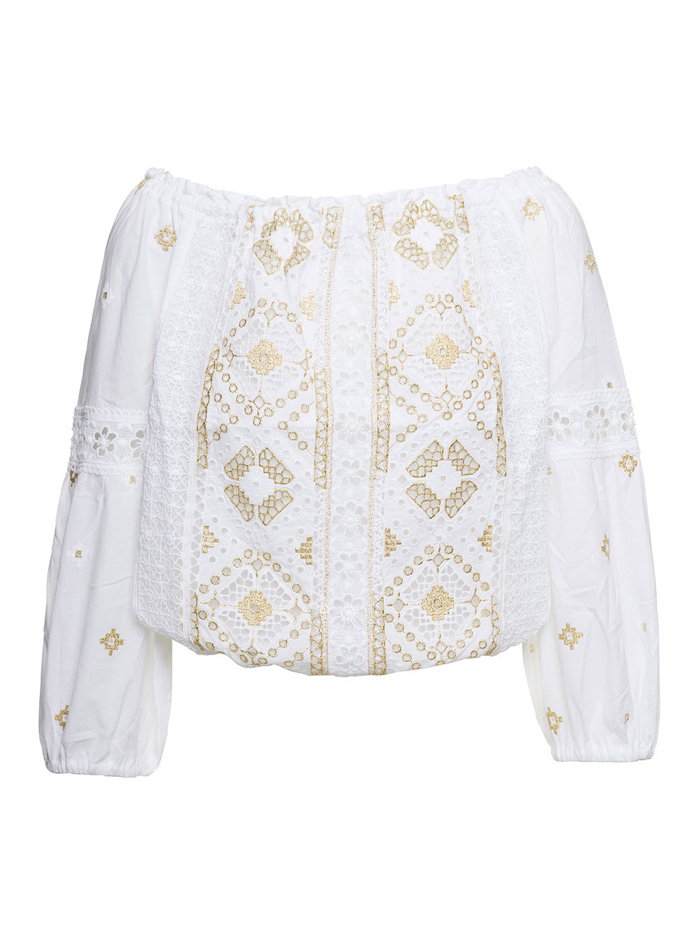 Off-shoulder Embroidered Blouse In White Cotton Woman