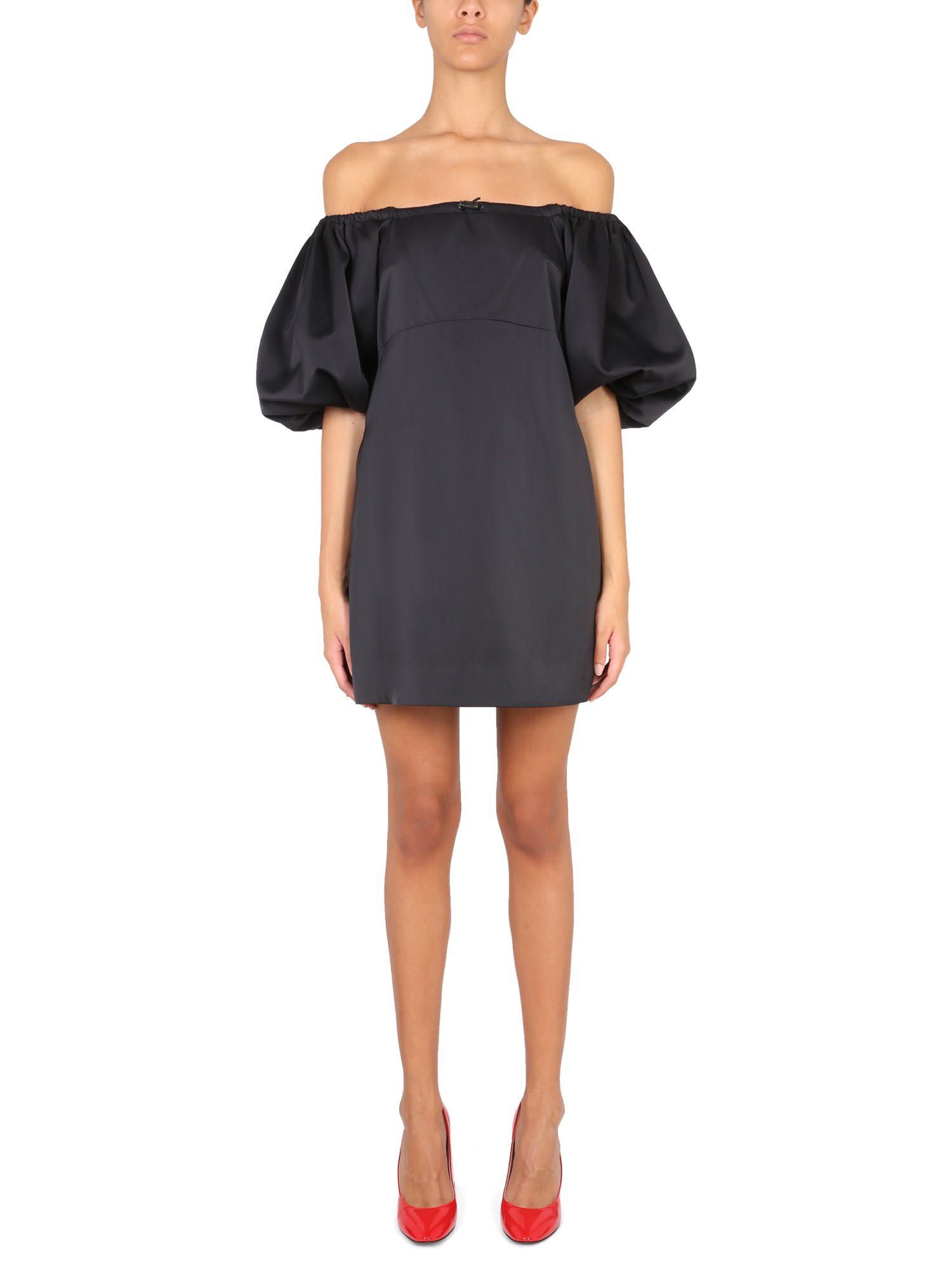 Patou Short Dress With Puff Sleeves And Boat Neckline In Nero