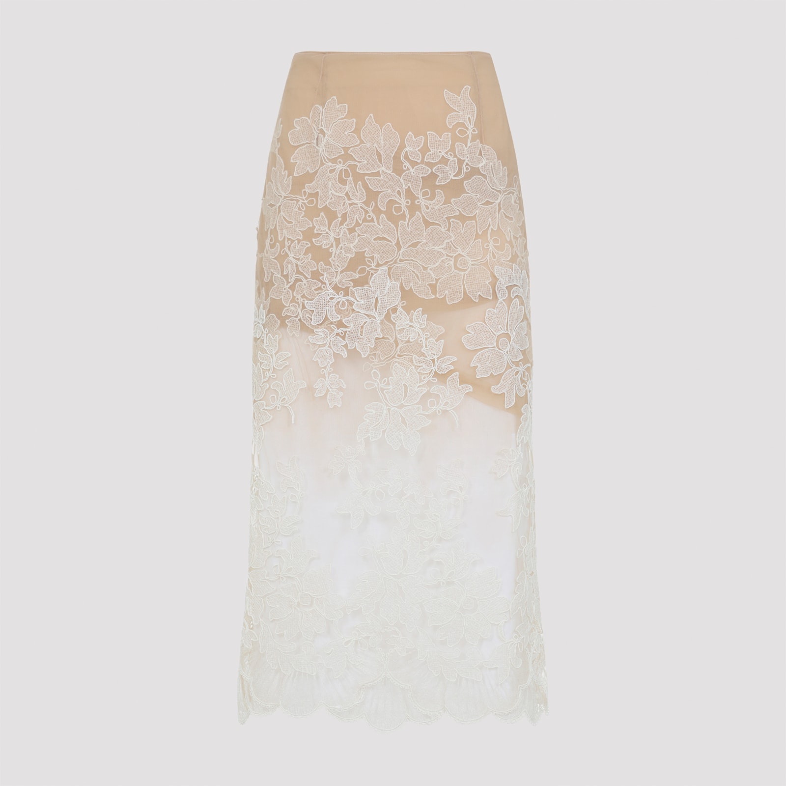 Ermanno Scervino Midi Skirt With Floral Lace Overlay In Neutral