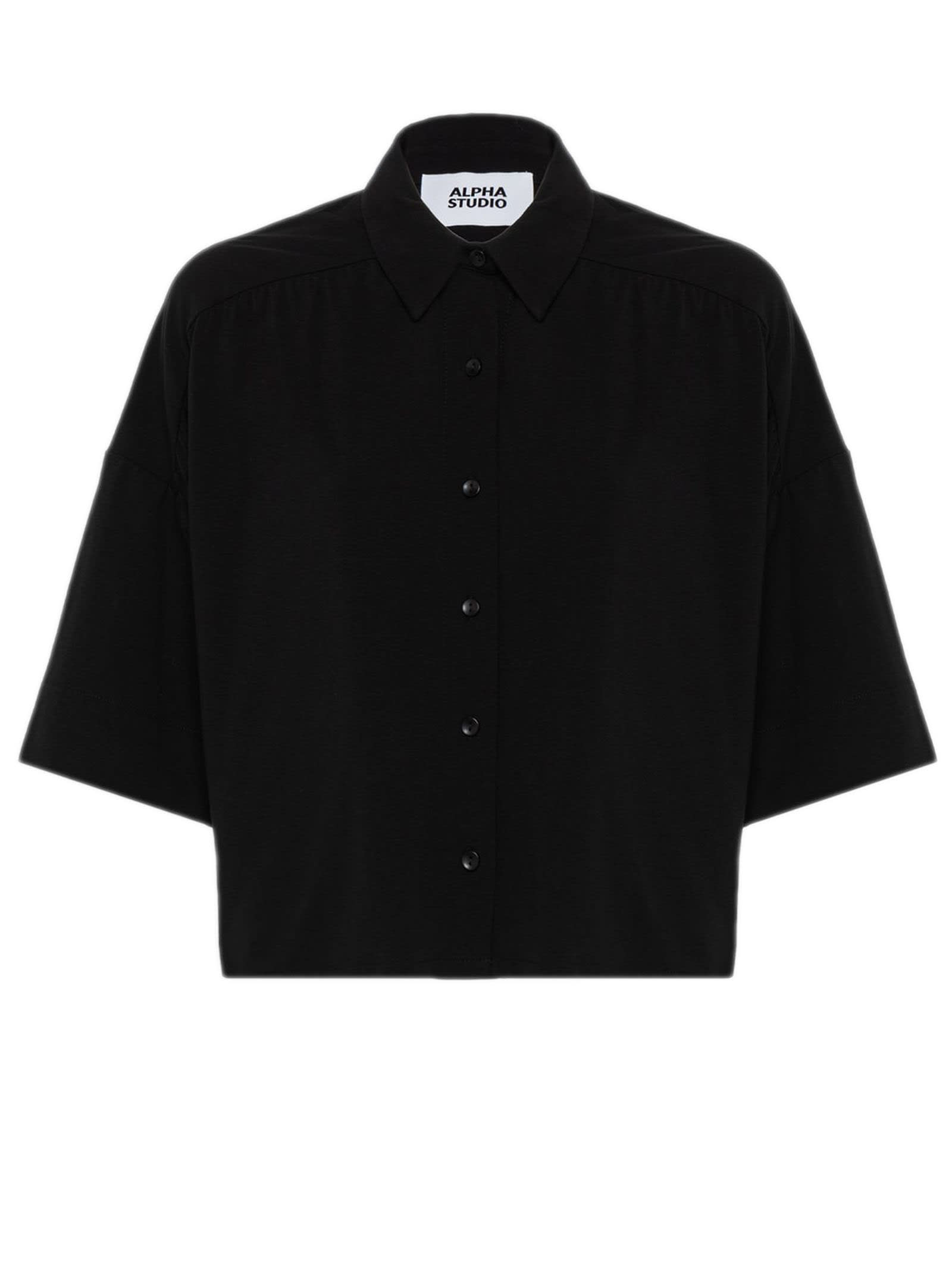 Alpha Studio Solid Color Cotton Jersey Short Shirt In Black