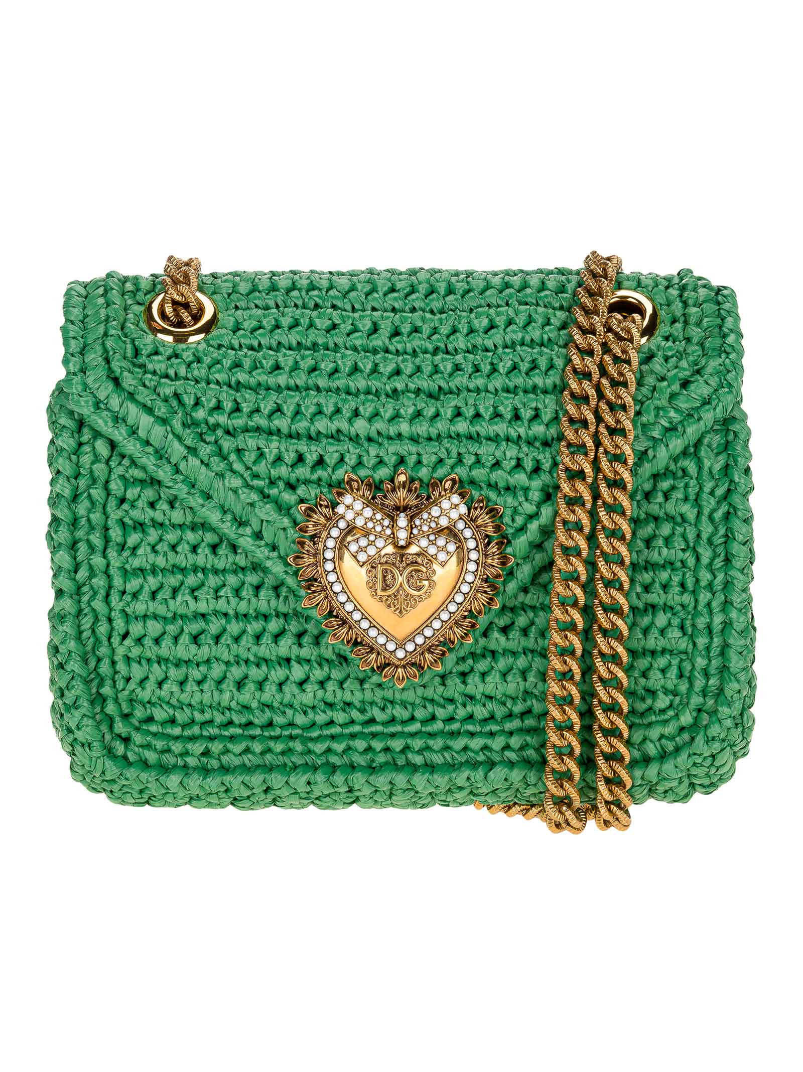 Dolce & Gabbana Medium Crochet Raffia Devotion Bag In Green