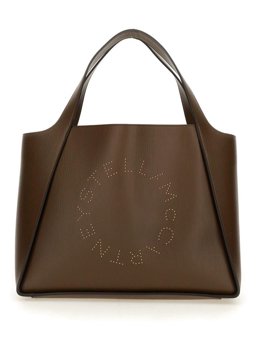 Shop Stella Mccartney Logo Studded Open-top Tote Bag In Brown