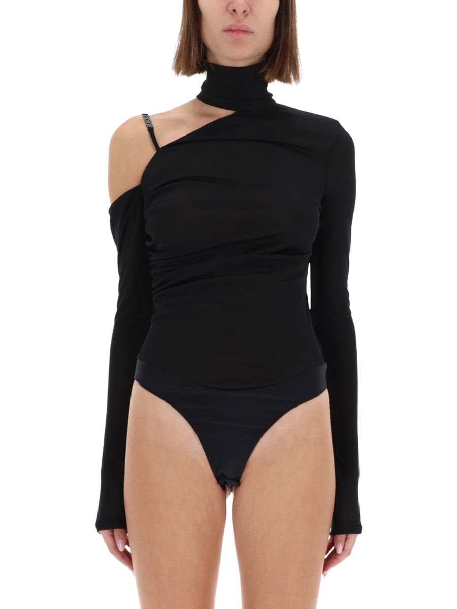 Versace Jeans Couture Bodysuit Top With Asymmetrical Design In Black