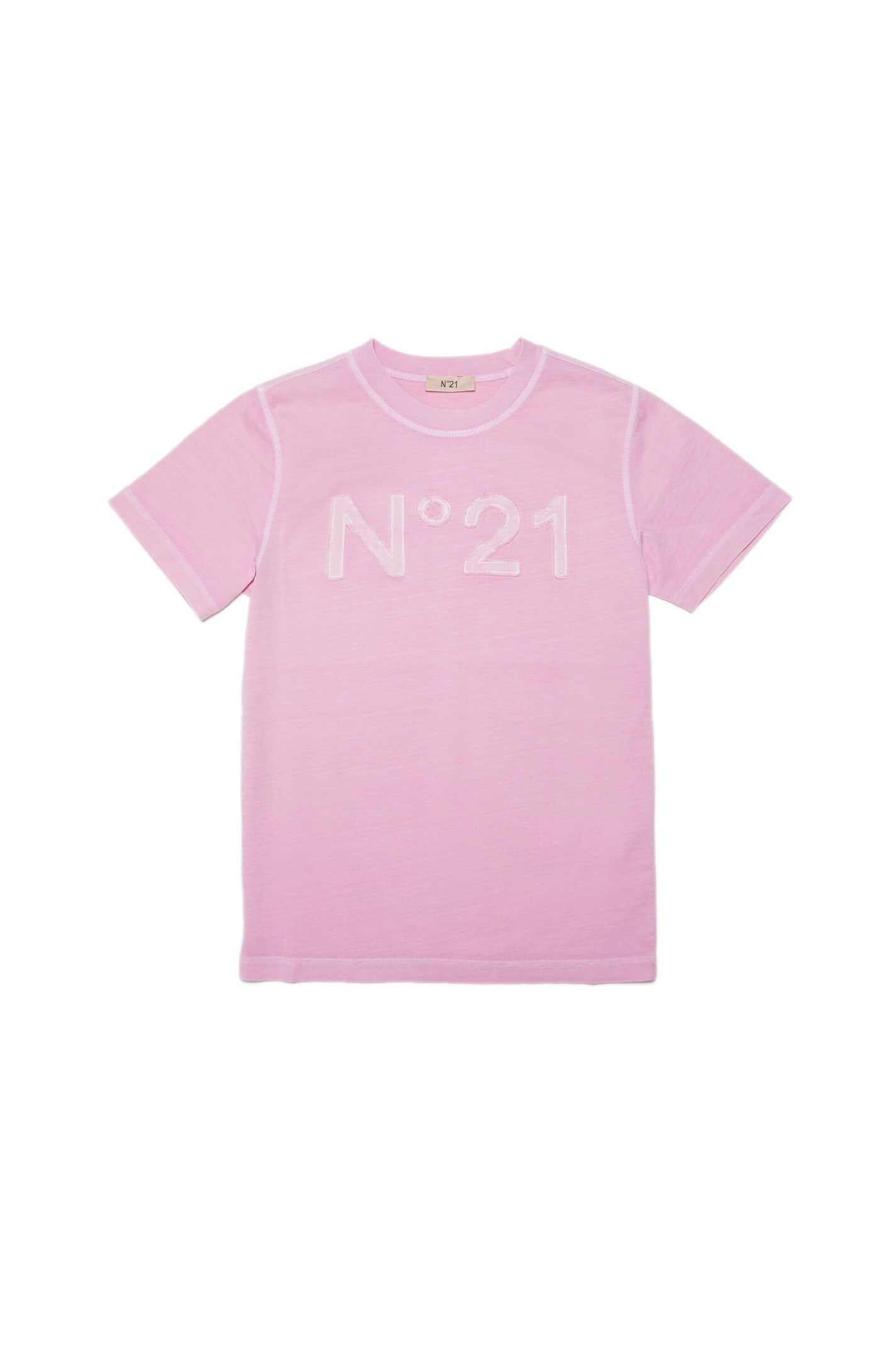 N°21 N21T159U T-SHIRT N°21 PINK T-SHIRT IN VINTAGE-EFFECT JERSEY WITH APPLIED LOGO