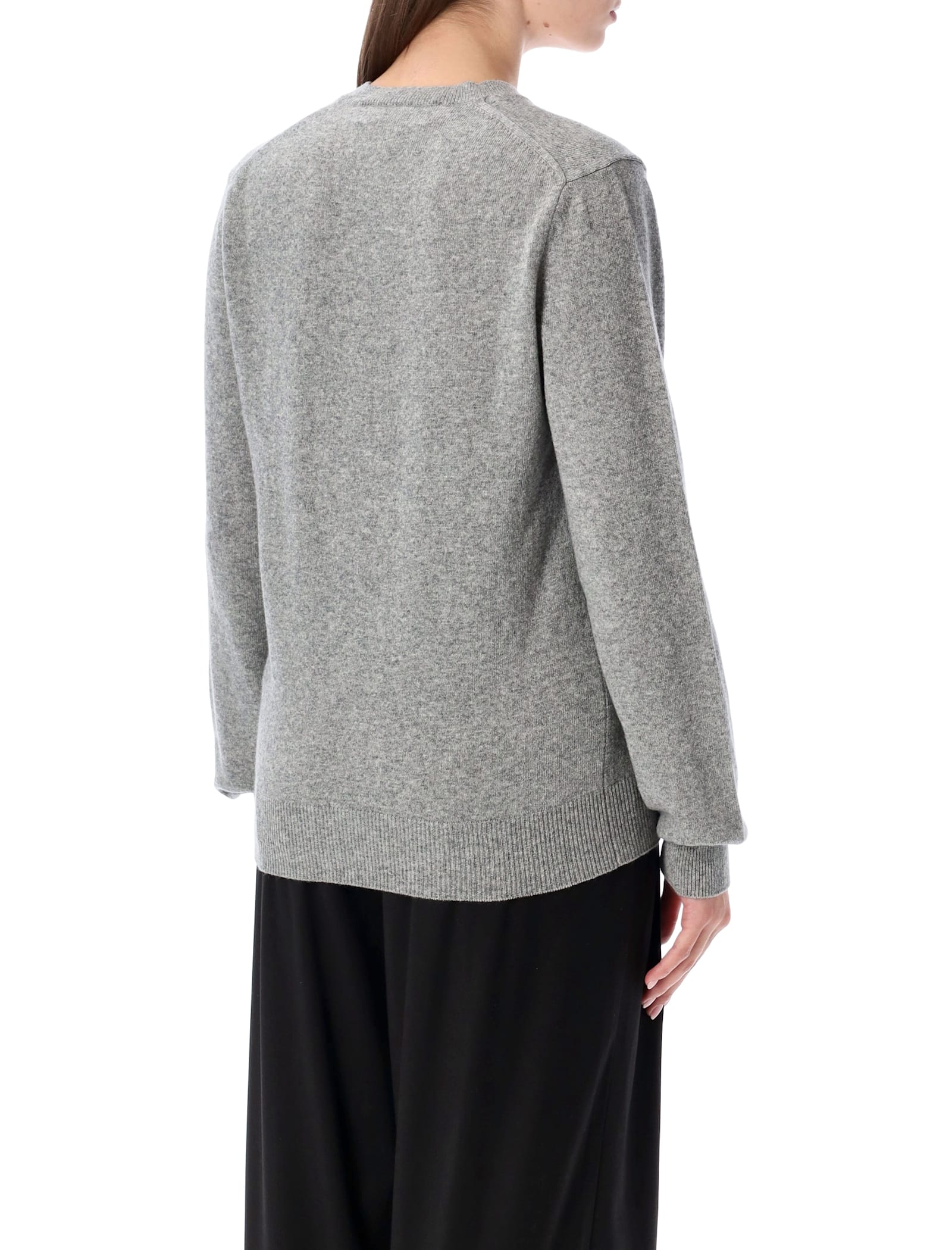 Comme Des Garçons Play Wool V-neck Sweater With Black Heart And Crystals In Gray