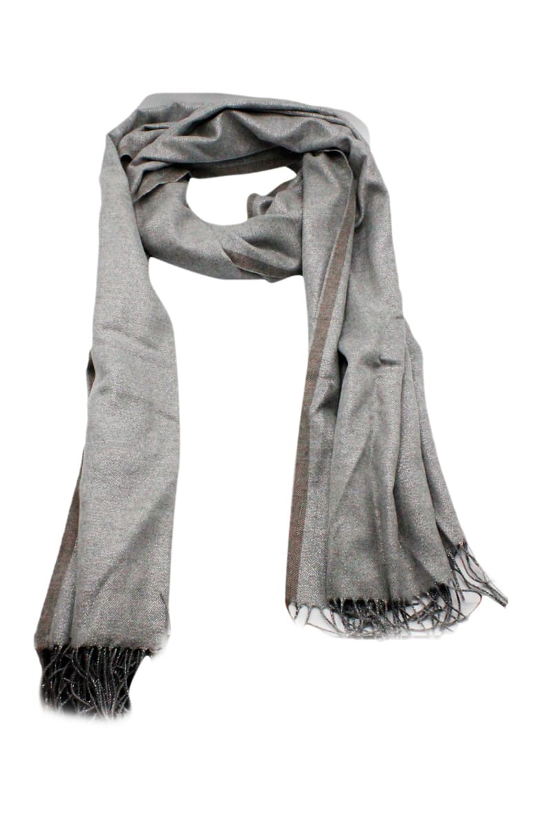 Brunello Cucinelli Wide Silk Scarf With Lamé Thread And Tone-on-tone Fringes At The Bottom. Size 75 X 225 Cm