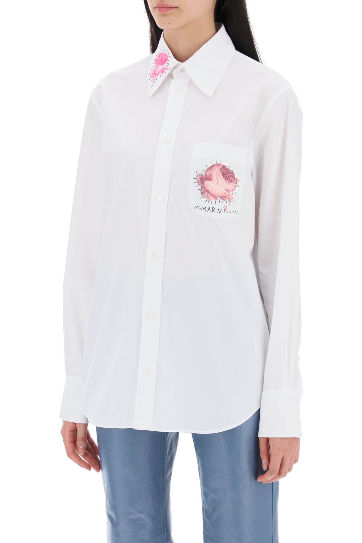 Shop Marni Shirt With Flower Print Patch And Embroidered Logo In Lily White (white)