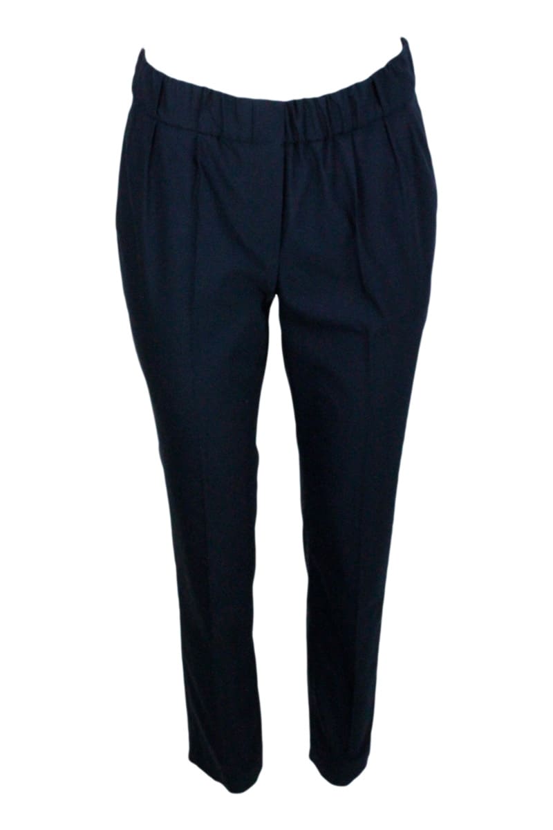 Brunello Cucinelli Stretch Cotton Trousers With Elastic Waistband And Small Pleats On The Front In Blu