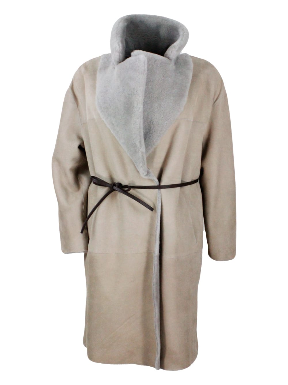 Shop Fabiana Filippi Long Coat In Reversible Shearling Sheepskin With Belt At The Waist And One Button Closure In Nut