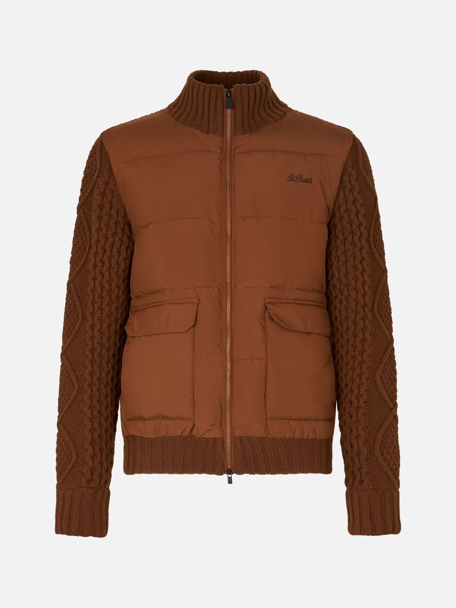 Shop Mc2 Saint Barth Man Brown Padded Jacket With Knitted Sleeves