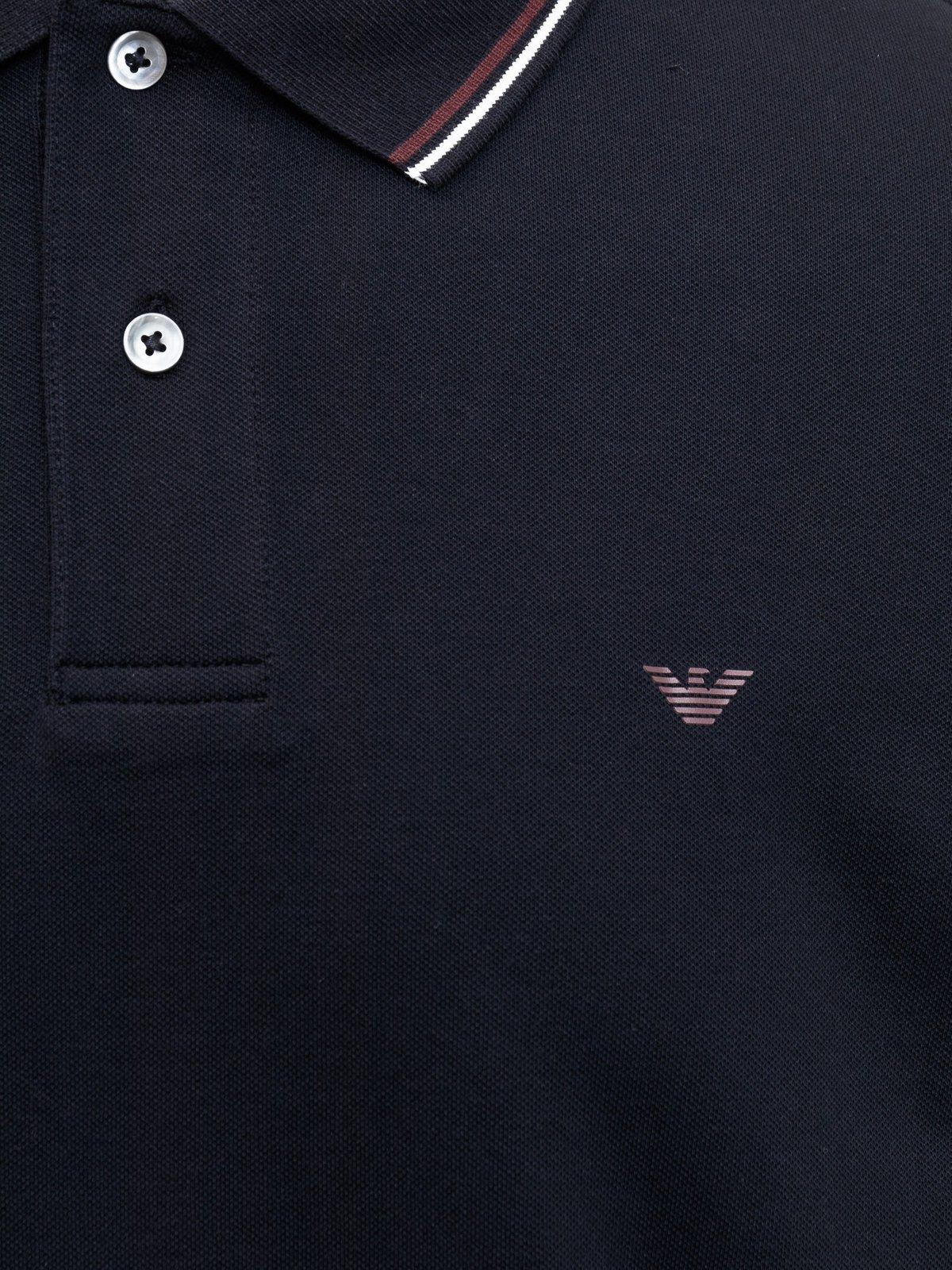 Emporio Armani Blue Long Sleeve Polo Shirt With Logo Embroidery In Stretch Cotton In Black