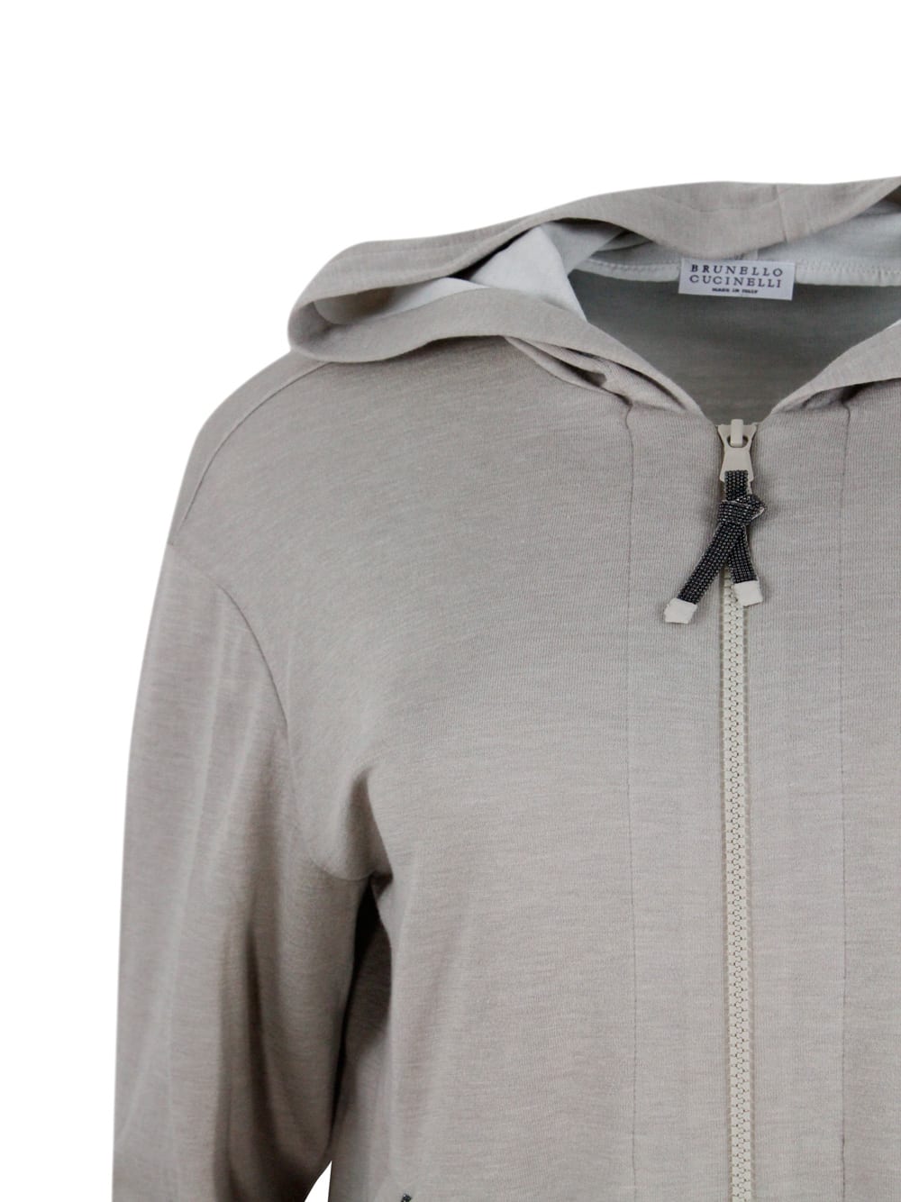 Shop Brunello Cucinelli Cotton And Silk Sweatshirt With Hood And Monili On The Zip In Beige