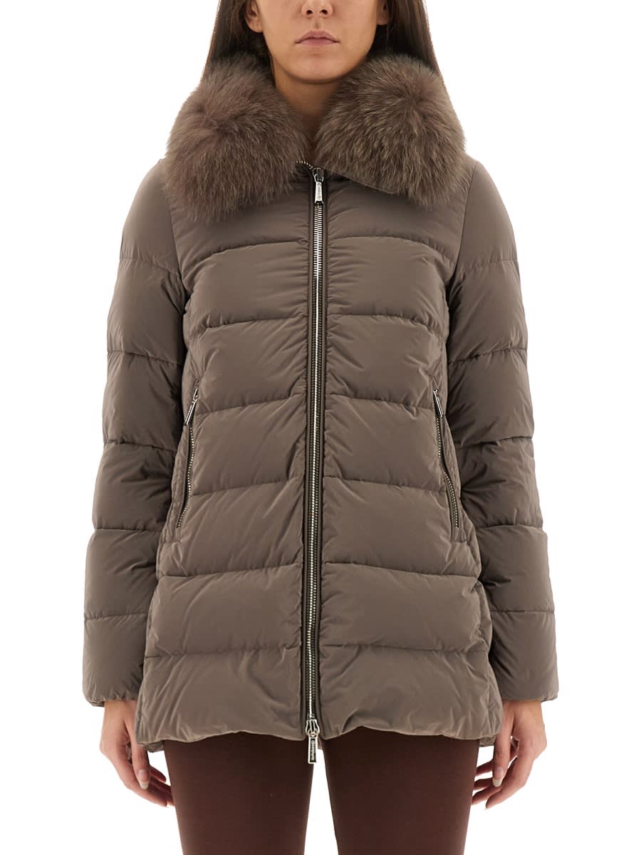 Moorer Trapeze-line Down Jacket With Detachable Fox Fur Collar In Brown
