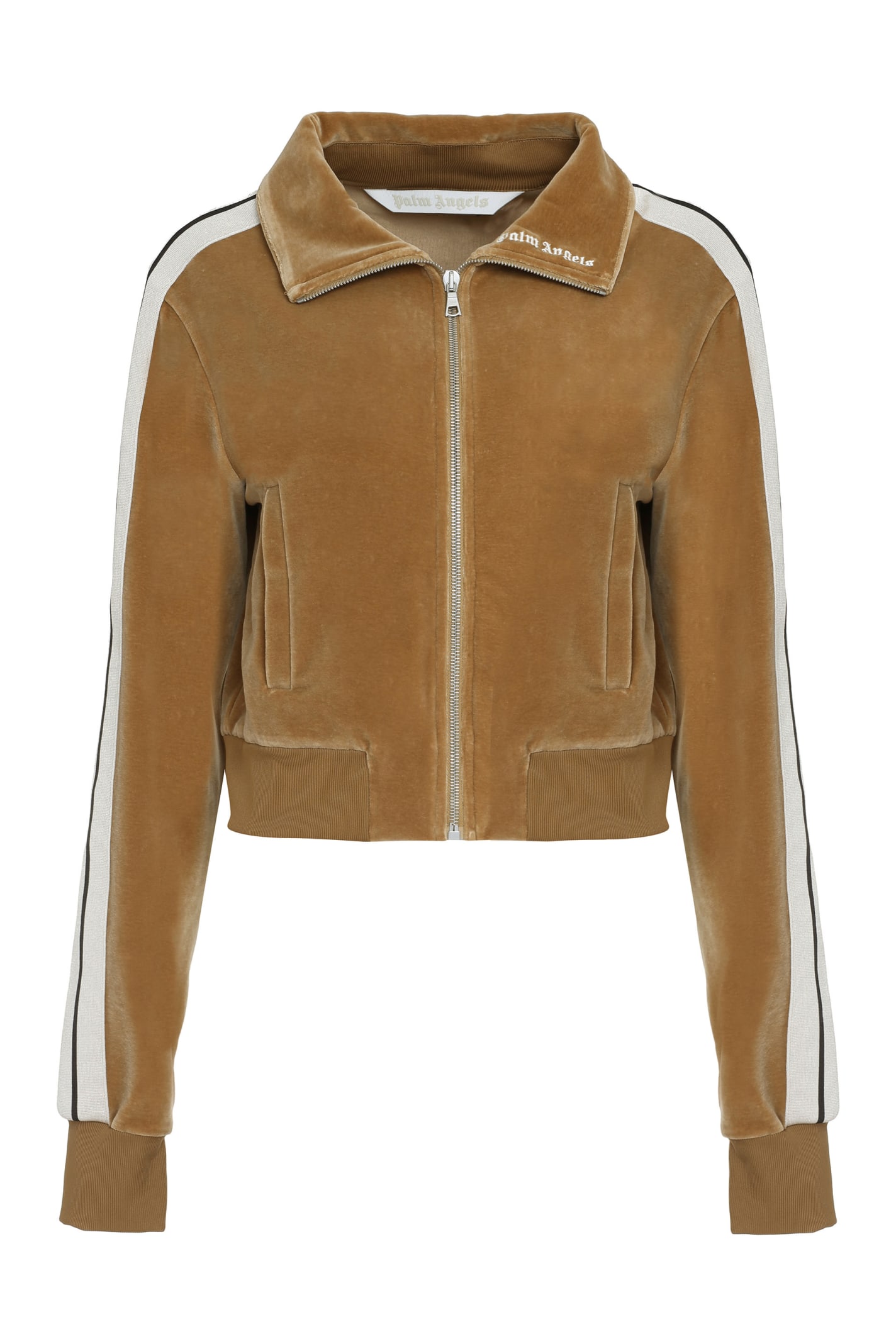 Palm Angels Velvet Sweatshirt With Zip Closure In Camel