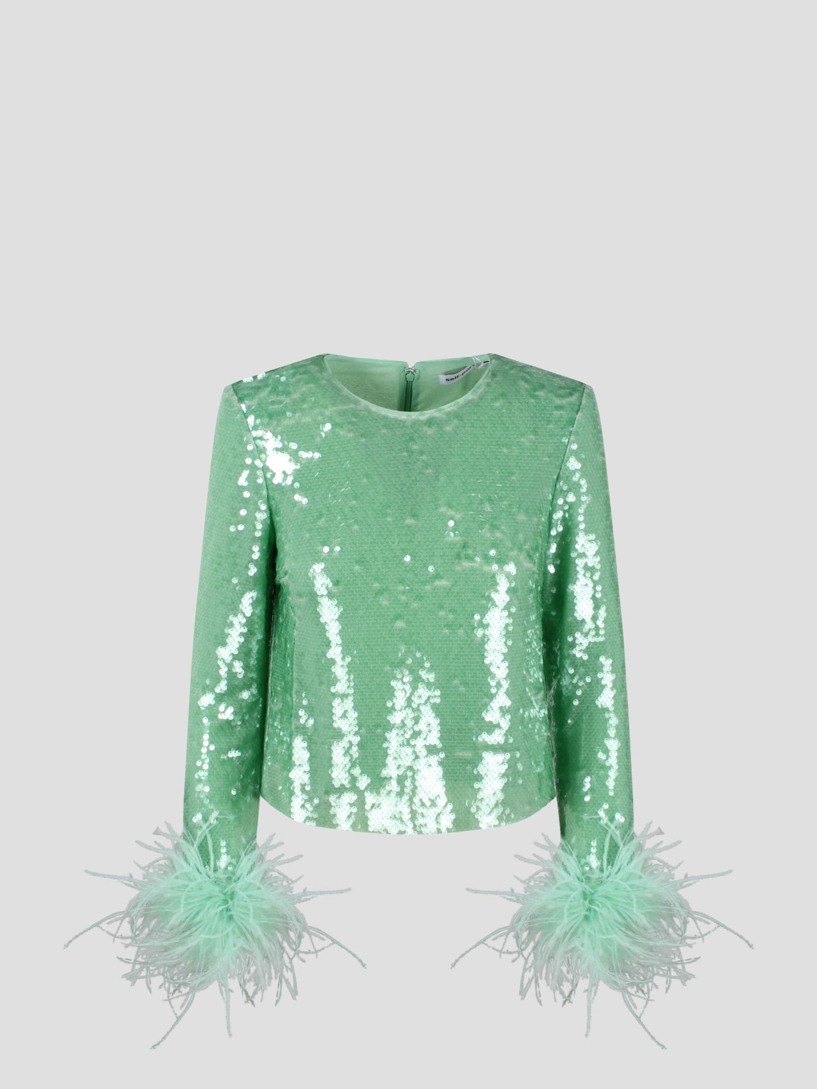 Shop Self-portrait Mint Sequin Feather Top In Green