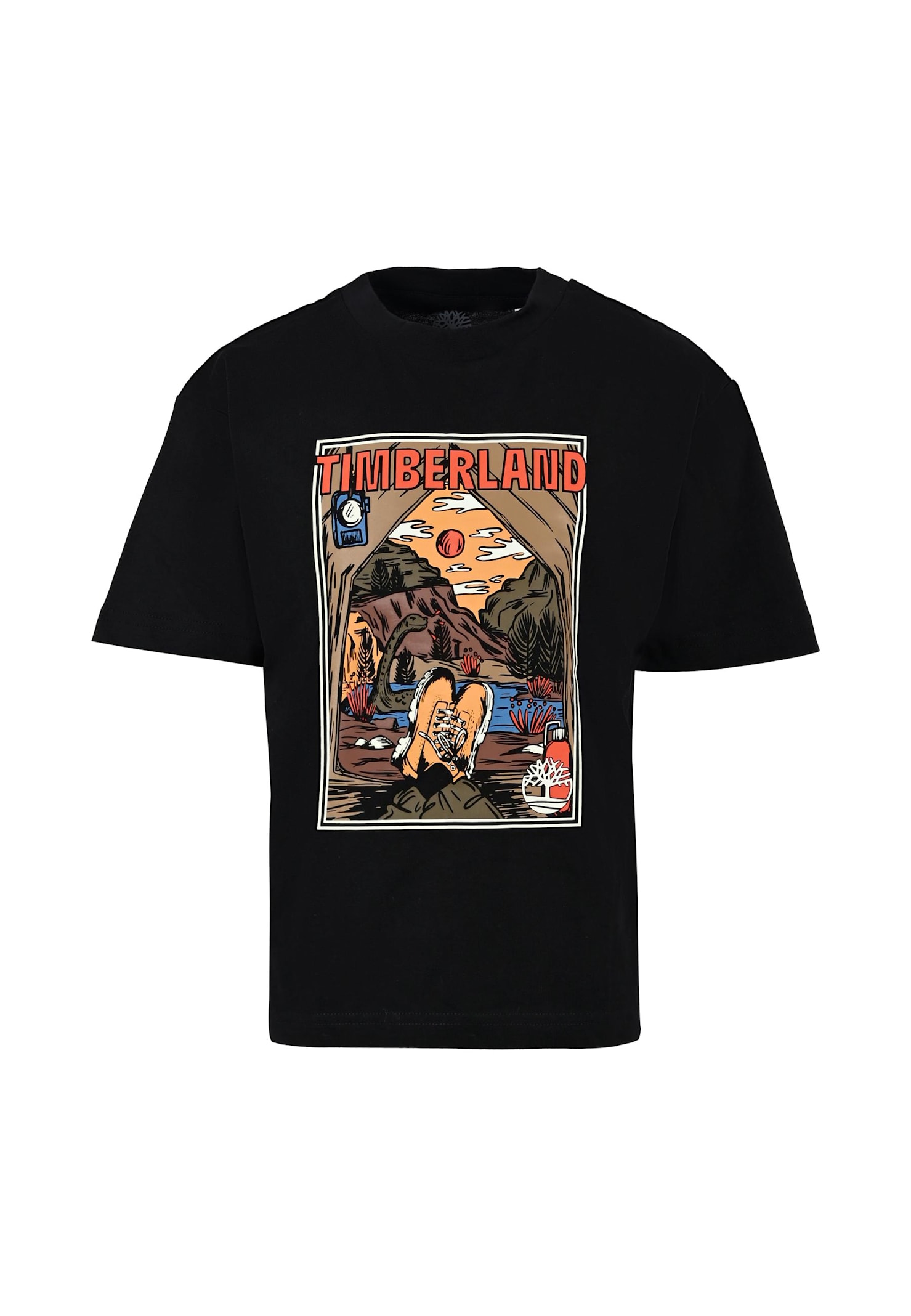Timberland Black T-shirt For Boy With Landscape Print In Black