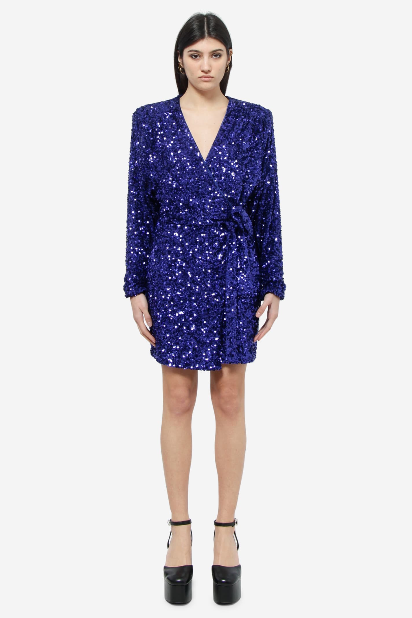 Mini Blue Wrap Dress With All-over Sequins In Stretch Polyester Woman Rotate