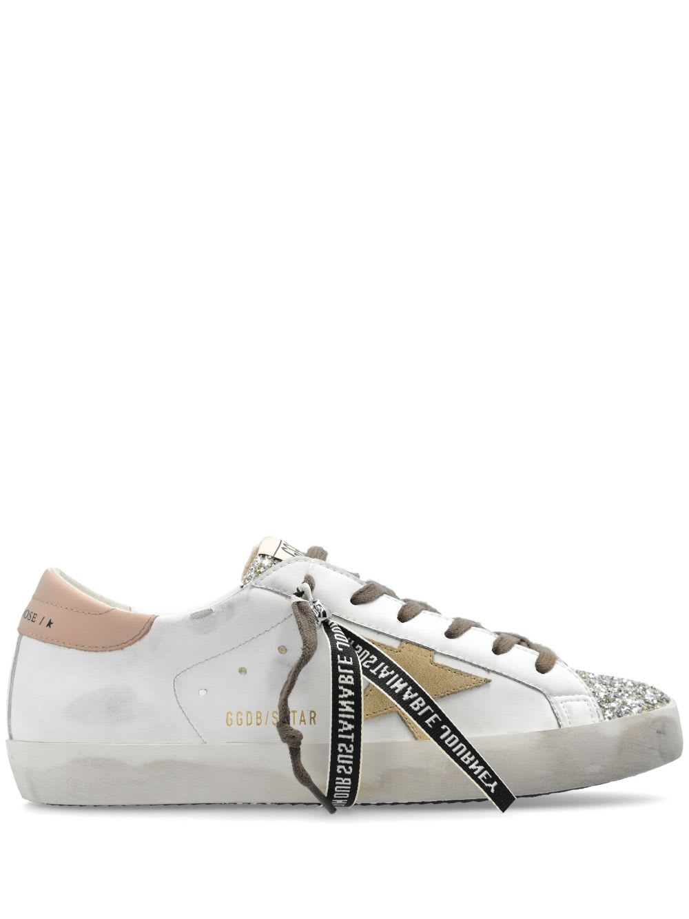 Shop Golden Goose Super Star Bio Based Upper Glitter Toe Suede Star And Leather Heel In White Platinum Yellow Pink