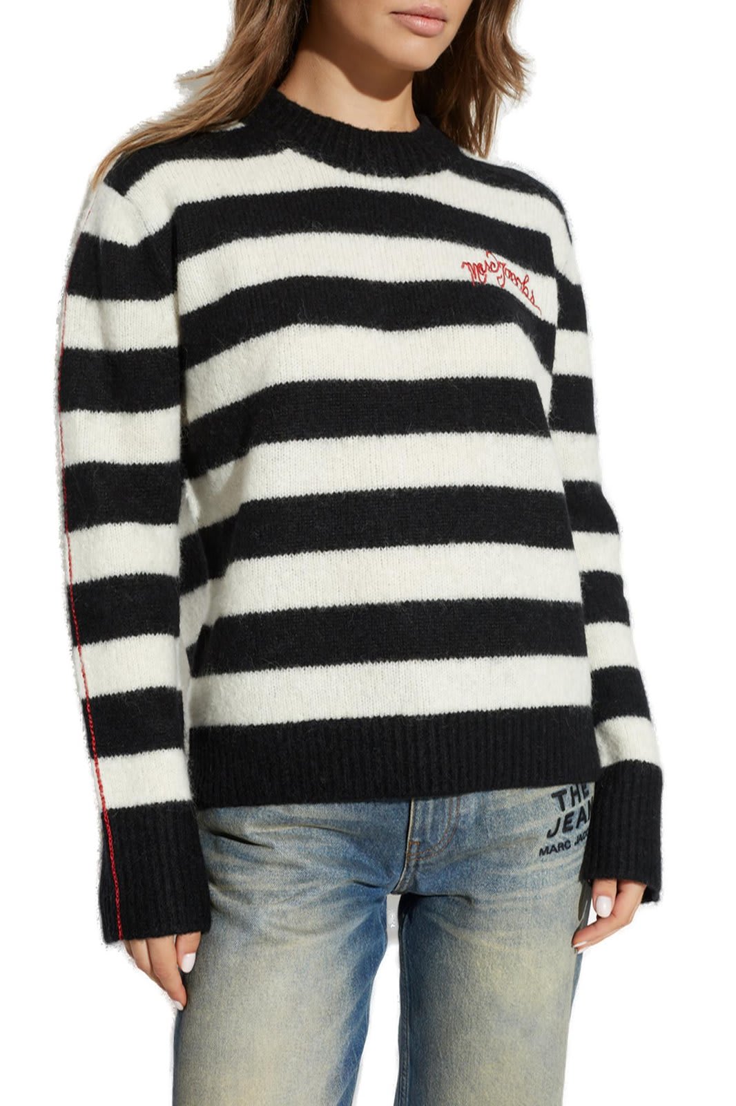 Shop Marc Jacobs The Striped Brushed Logo Embroidered Jumper In Black/white