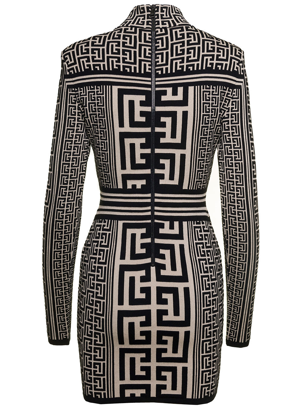 Shop Balmain Two-tone Mini Dress With All-over Monogram Detail In Wool Blend Woman In White