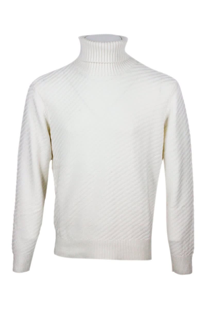 Armani Collezioni Turtleneck Sweater In Wool Blend With Diagonal Three-dimensional Processing