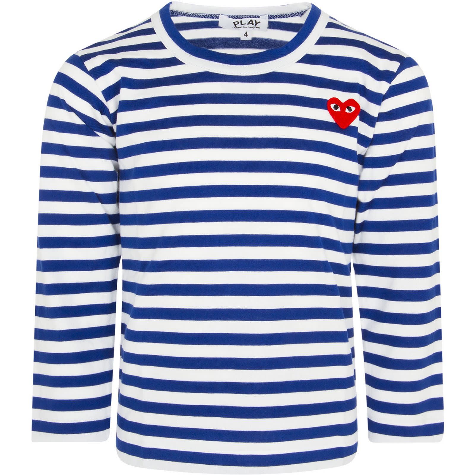 COMME DES GARÇONS PLAY WHITE AND ELECTRIC BLUE STRIPED T-SHIRT FOR BOY WITH HEART,AZ-T663 P1T663 AZZURRO