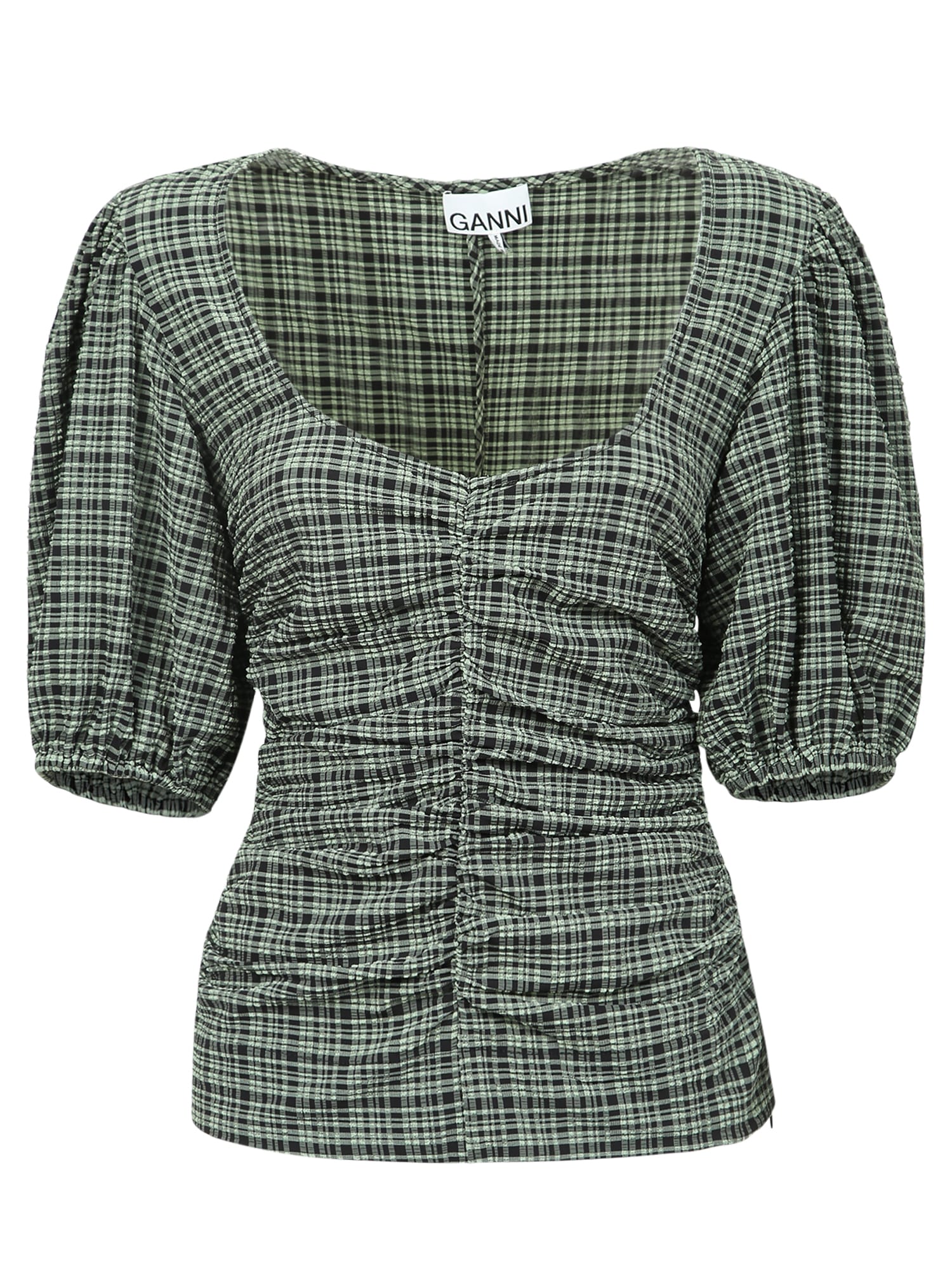 Shop Ganni Seersucker Ruched Blouse In Green