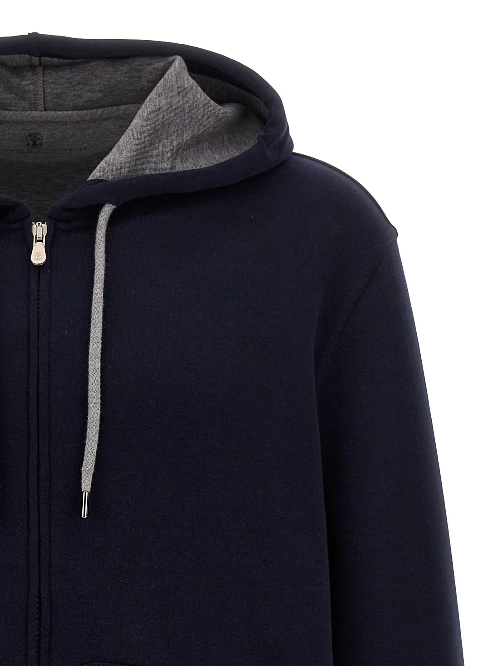 Brunello Cucinelli Techno Cotton Interlock Zip-front Hooded Sweatshirt In Blue
