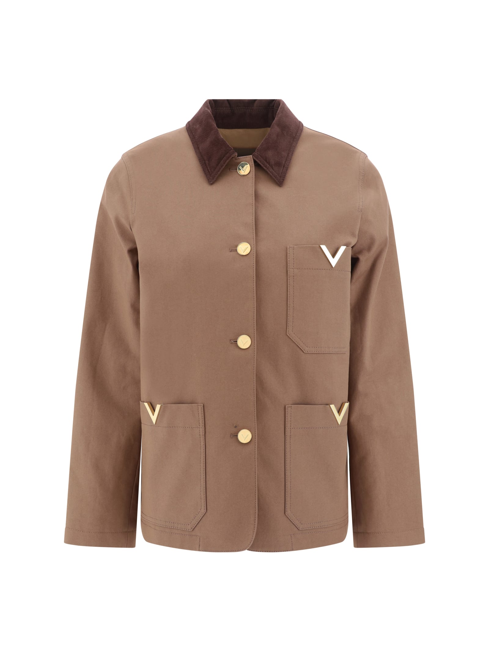 Valentino Cotton Jacket V-shaped Embellishments In Clay