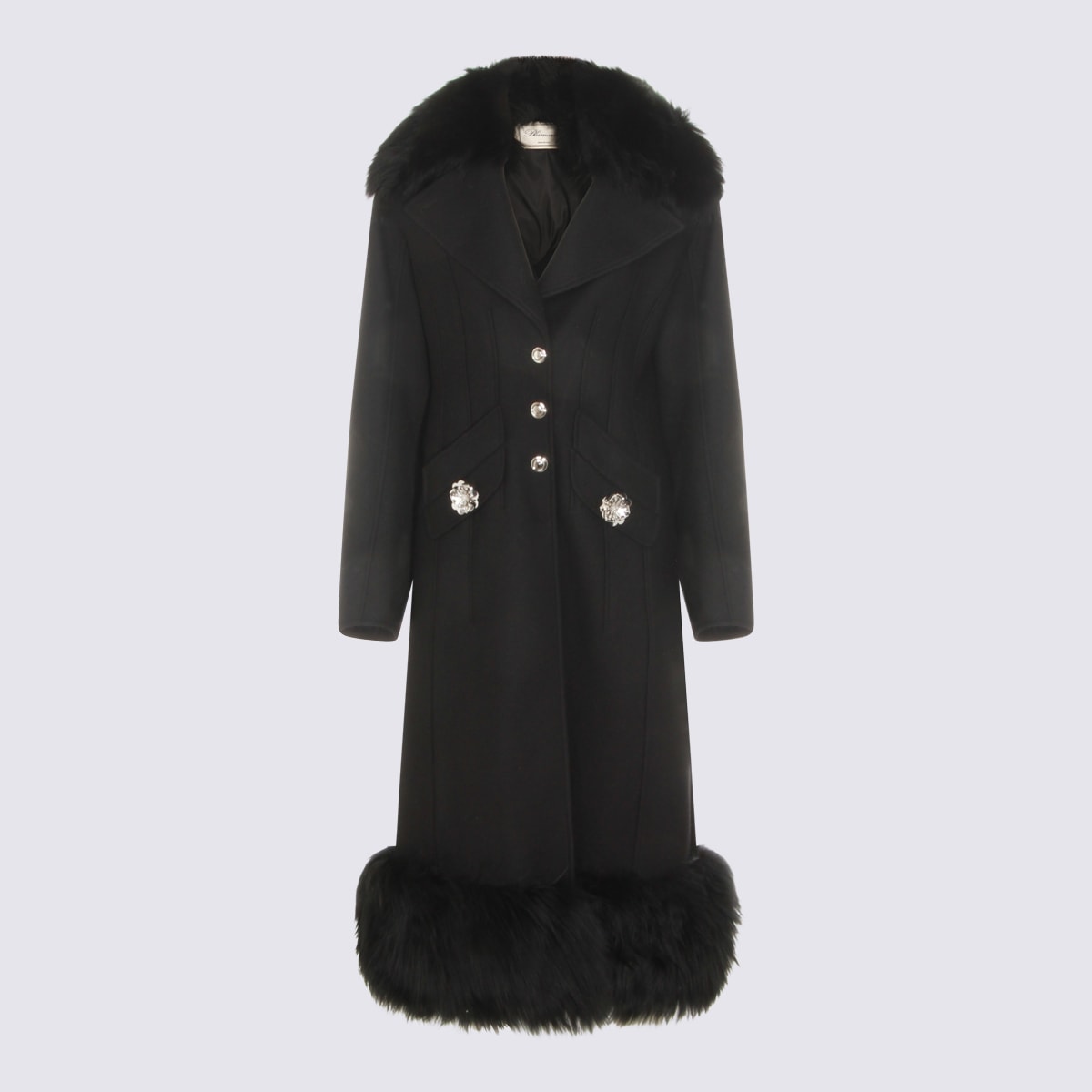 Blumarine Long Structured Coat With Floral Embellishments And Silver Buttons In Black