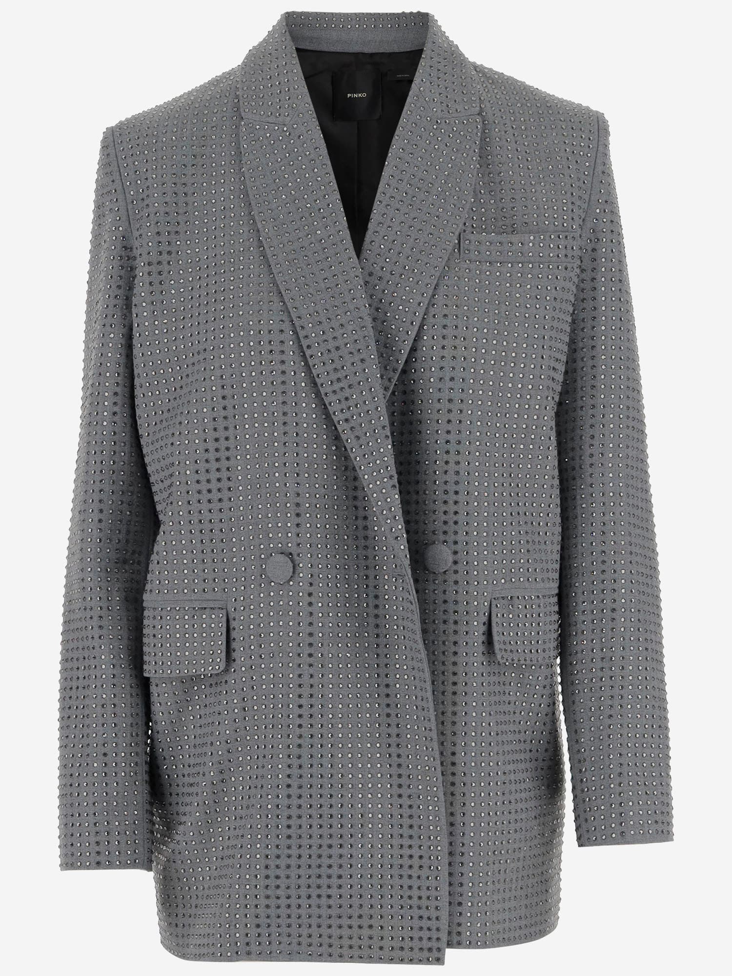 Pinko Double-breasted Blazer With Rhinestones In Grey