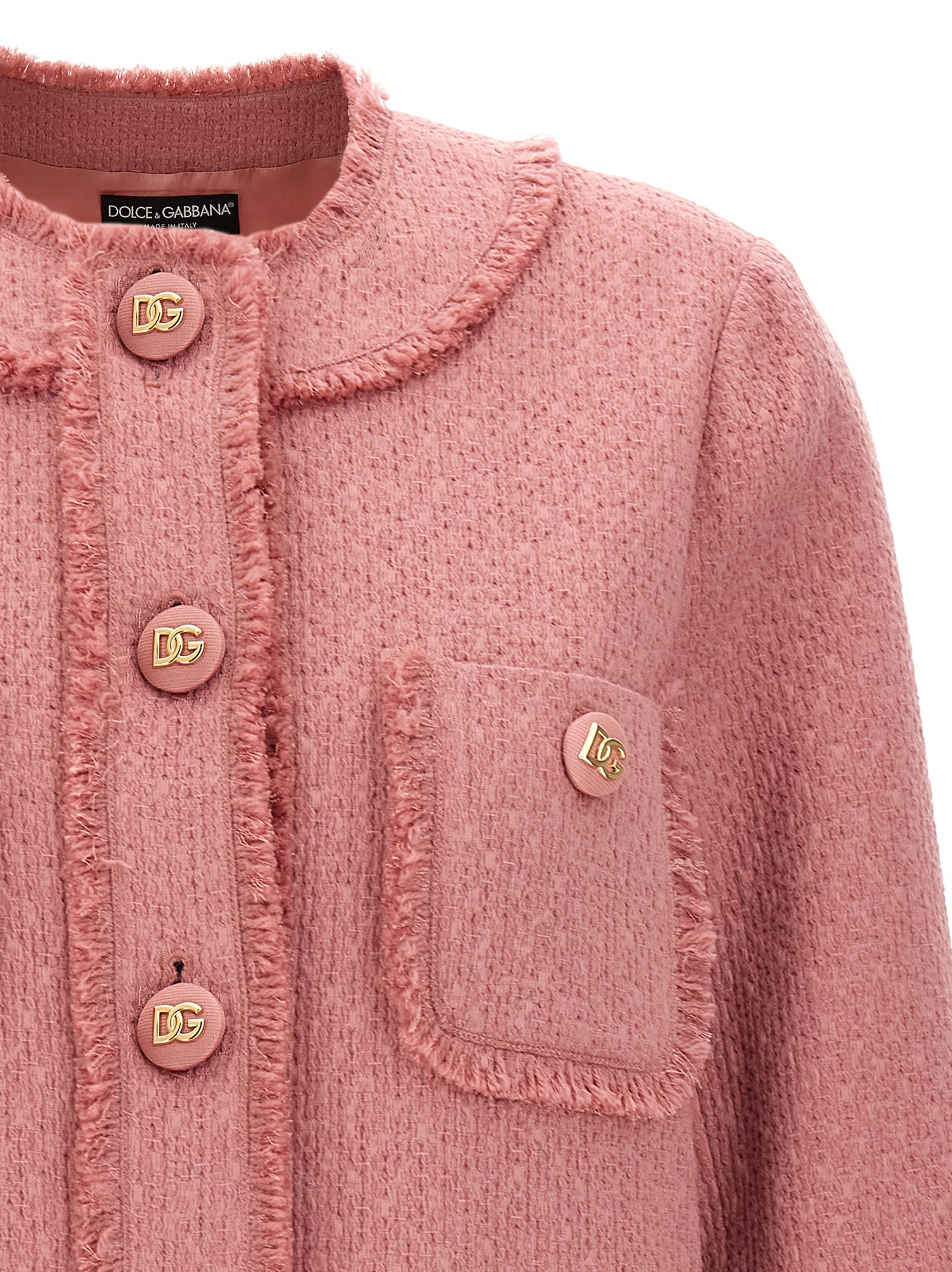 Dolce & Gabbana Rachel Tweed Single-breasted Collarless Jacket In Rosa Polvere