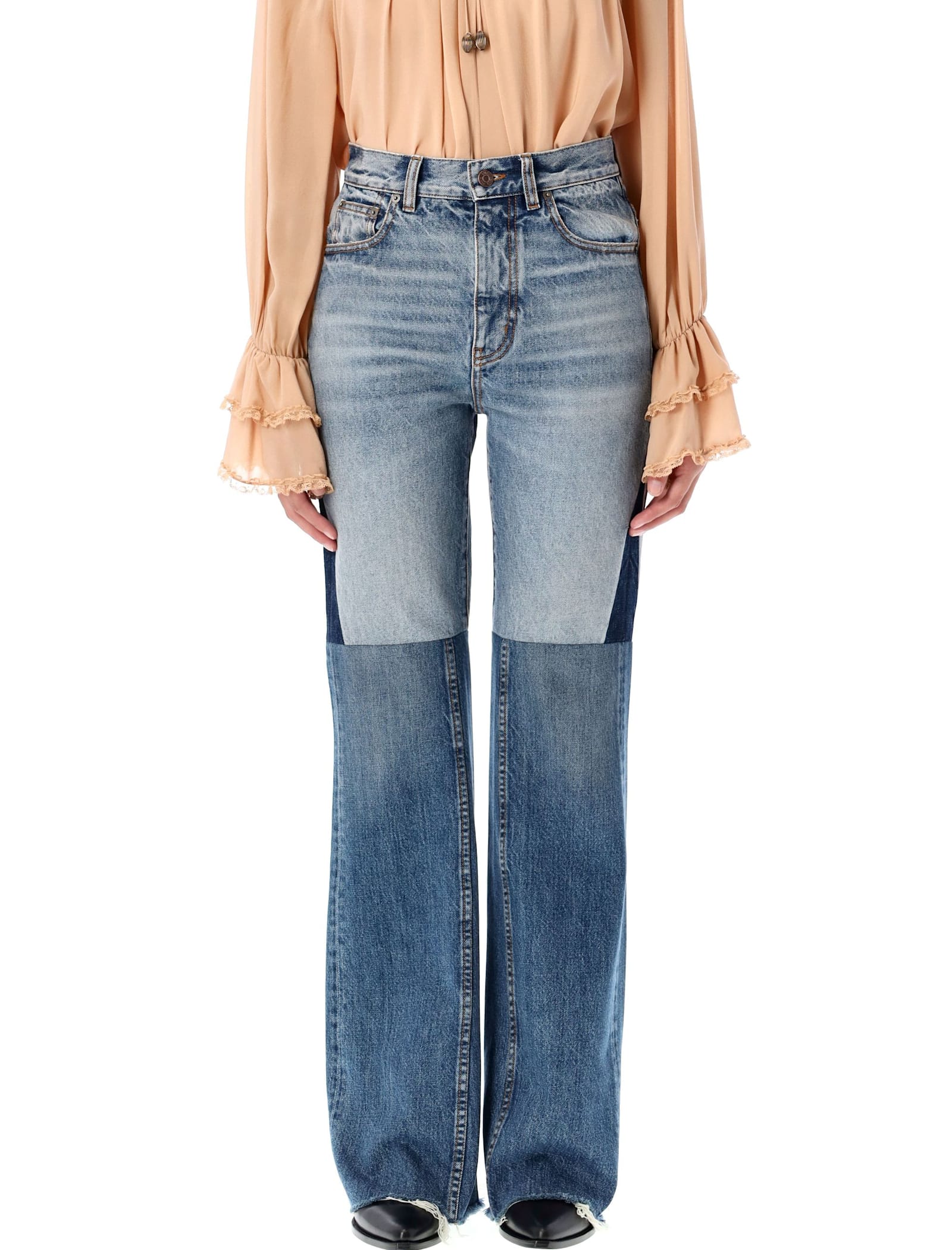 Shop Chloé Flared Jeans Patchwork In Multicolor Blue