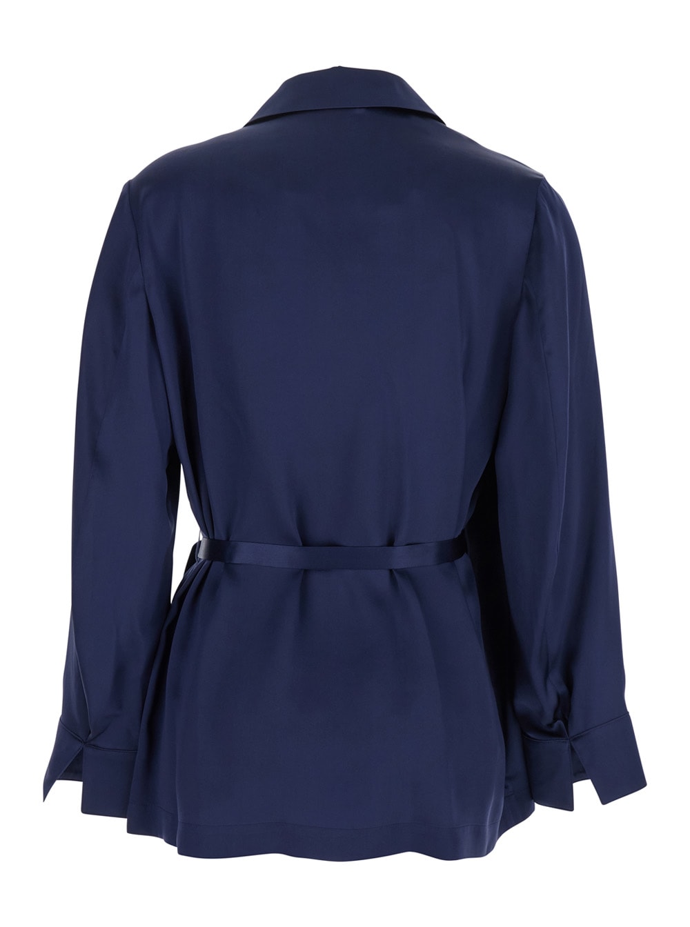 Shop Momoní Praia Dark Blue Jacket With Peak Lapels And Waist Belt In Silk Woman In Green