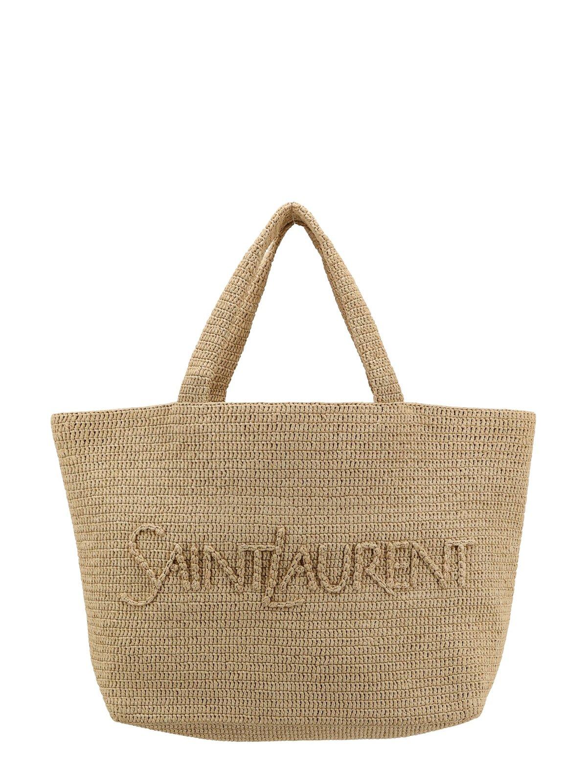 Shop Saint Laurent Large Logo Embroidered Raffia Tote Bag In Naturale