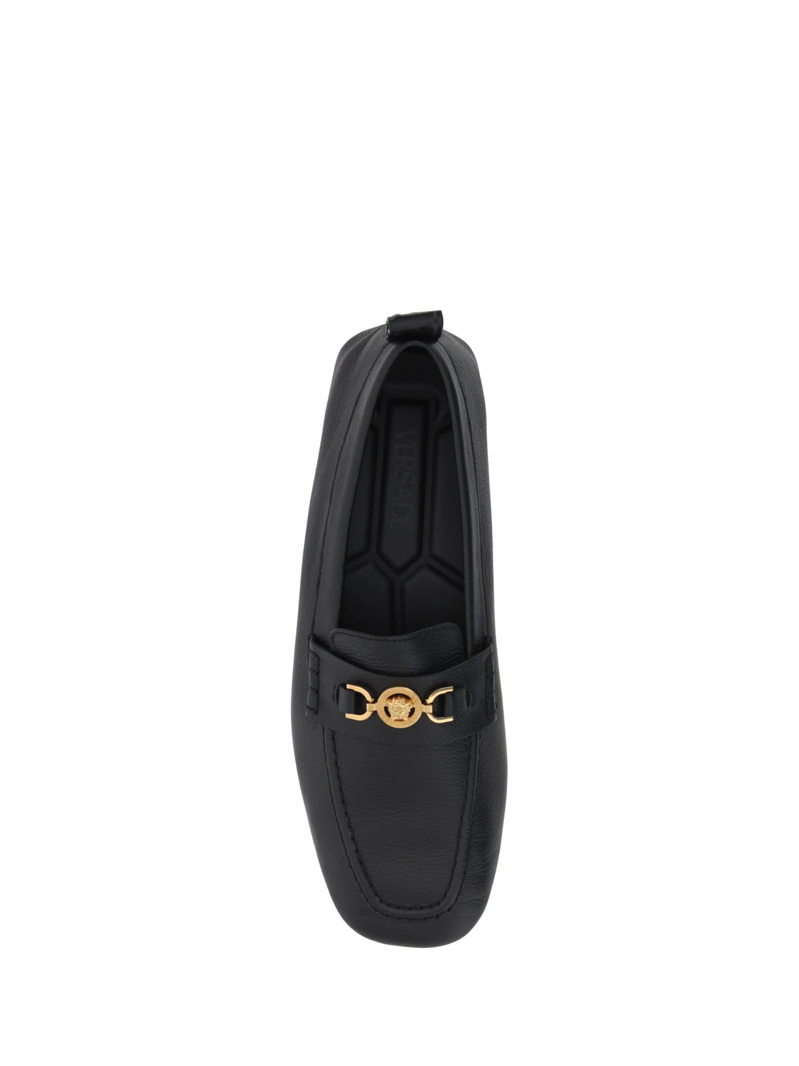 Versace Villa Loafers In Calfskin Leather In Black- Gold