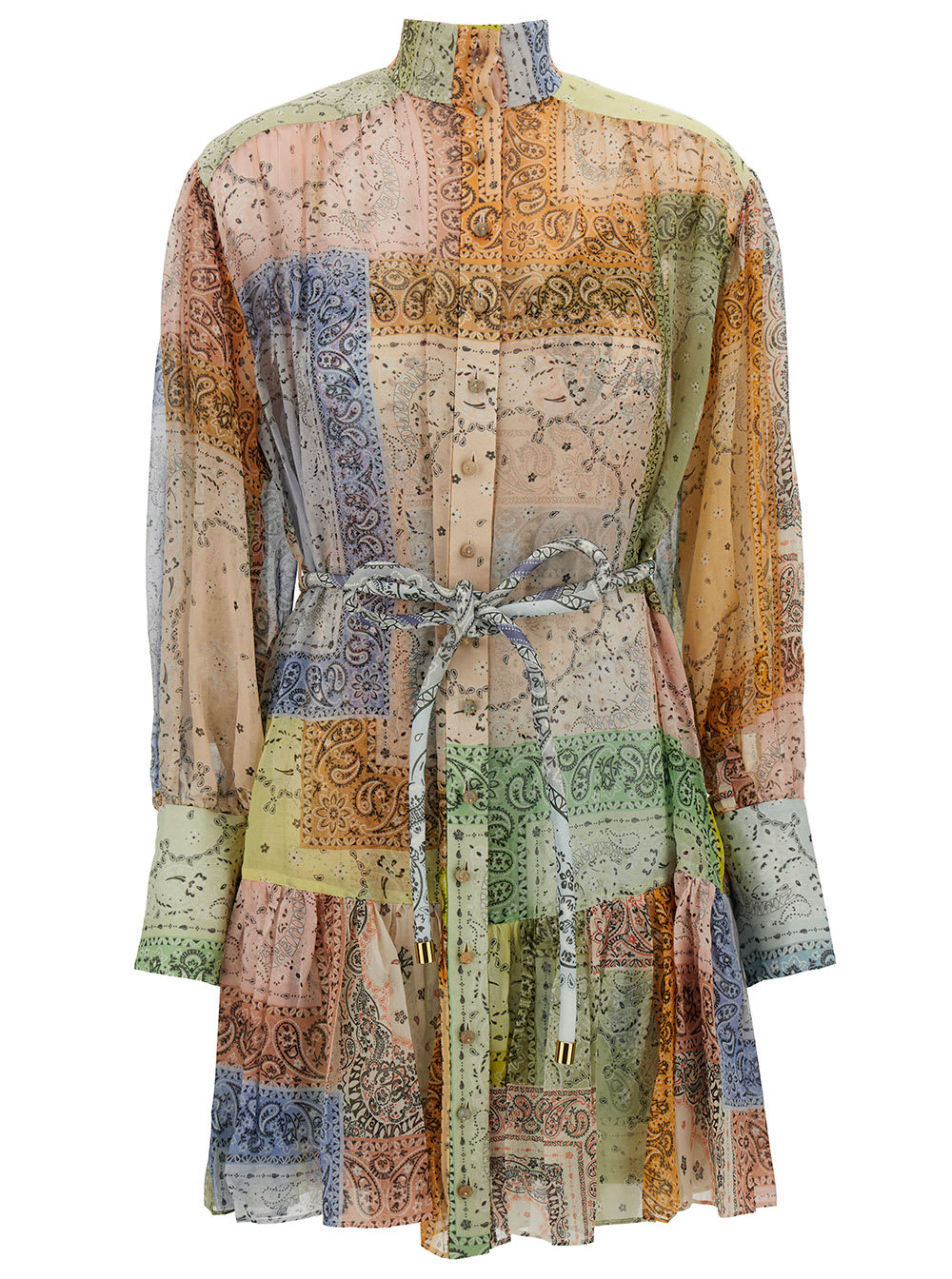 Shop Zimmermann Mini Multicolor Patchwork Dress With Belt In Cotton And Silk Woman In Neutrals/blue