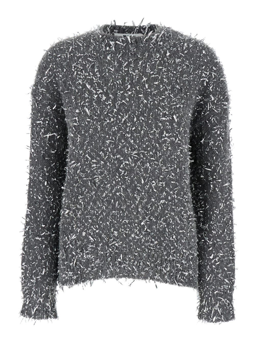 Shop Msgm Grey Crewneck Sweater With All-over Frayed Details In Cotton Blend Woman