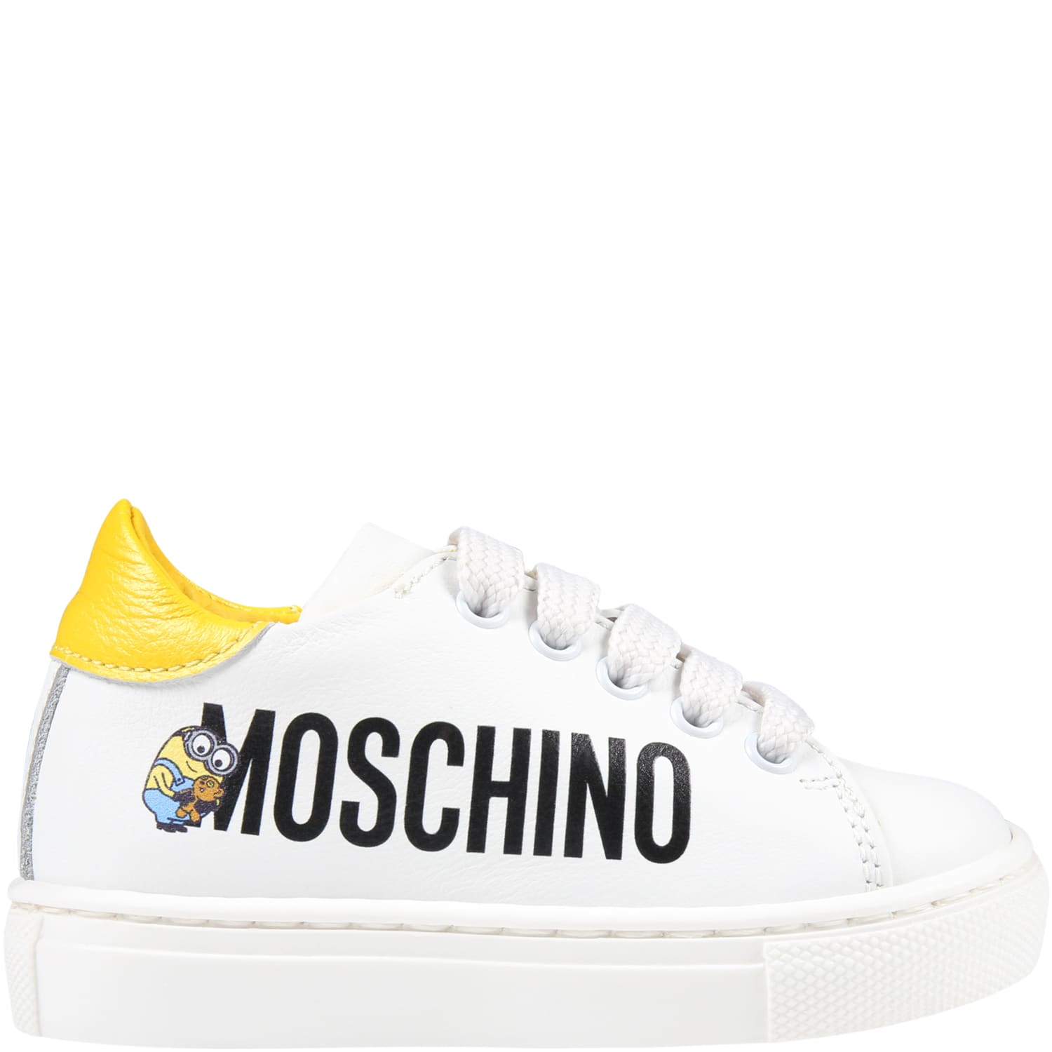 Moschino White Sneakers For Kids With Minions And Black Logo